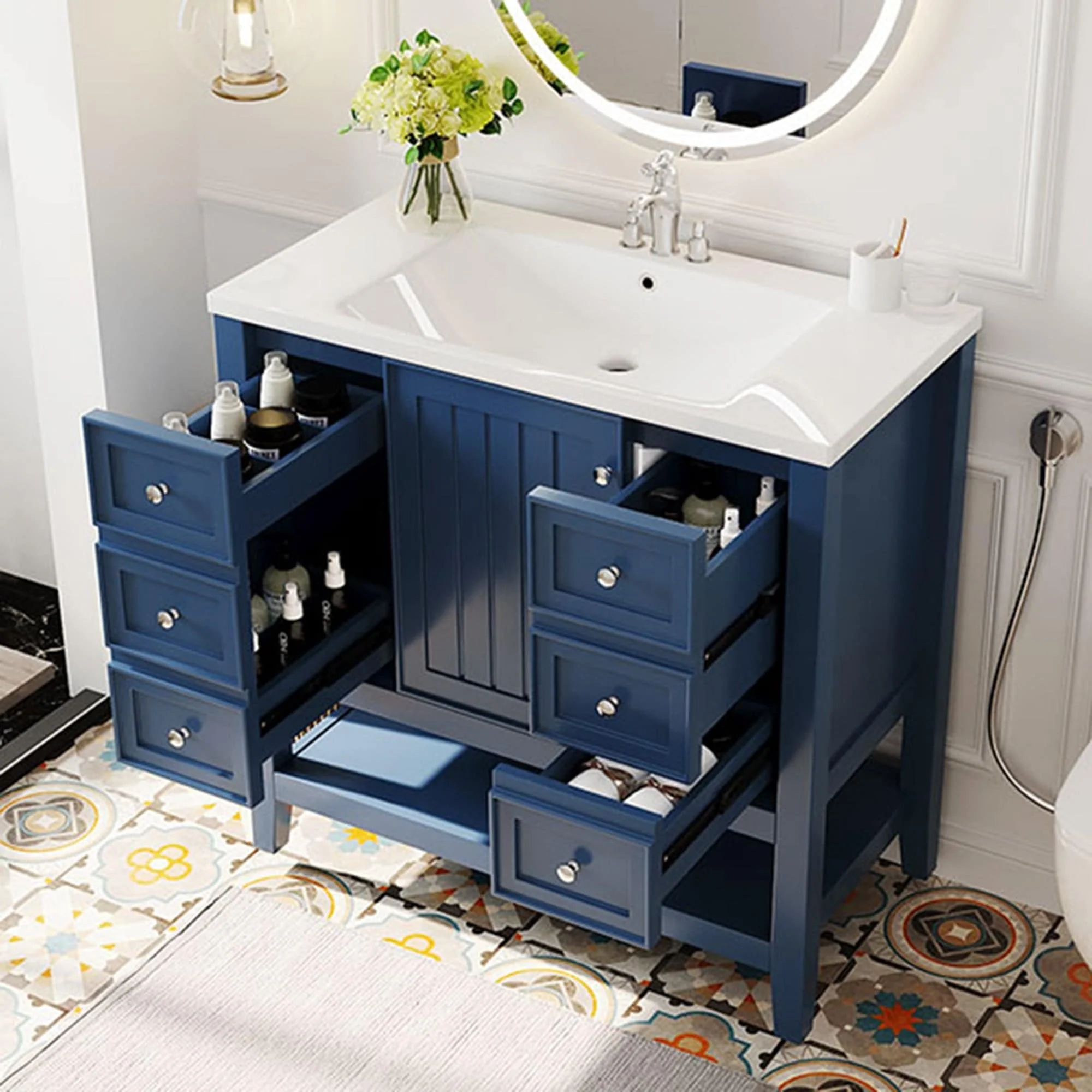 36 Inch Freestanding Bathroom Vanity Set with Drawers and Ceramic Sink