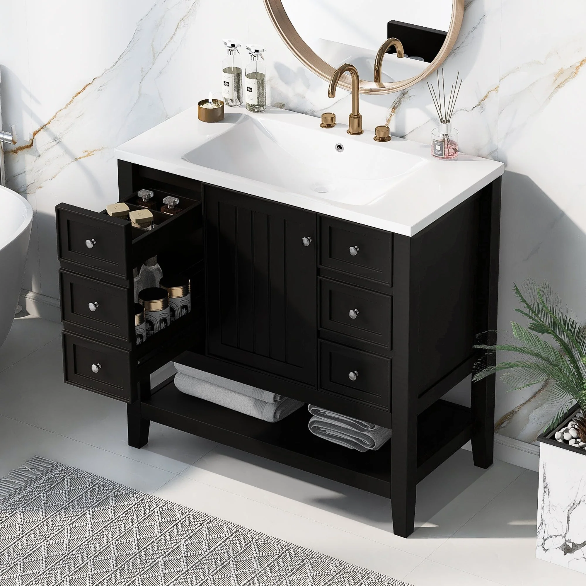 36 Inch Freestanding Bathroom Vanity Set with Drawers and Ceramic Sink