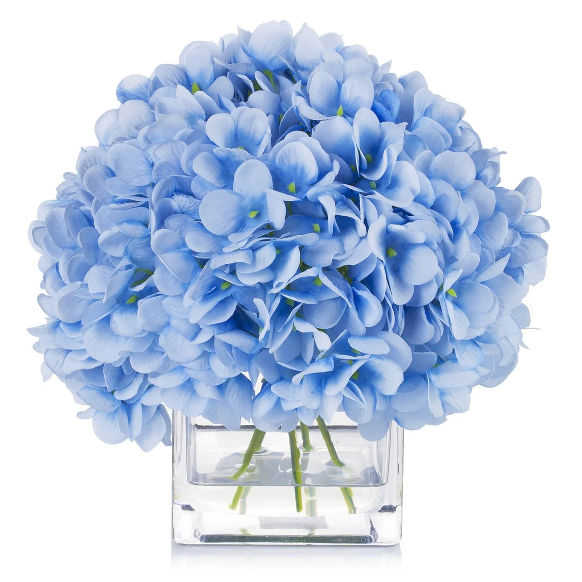 Enova Home Artificial Silk Hydrangea Fake Flowers Arrangement in Cube Glass Vase with Faux Water for Home Office Decoration