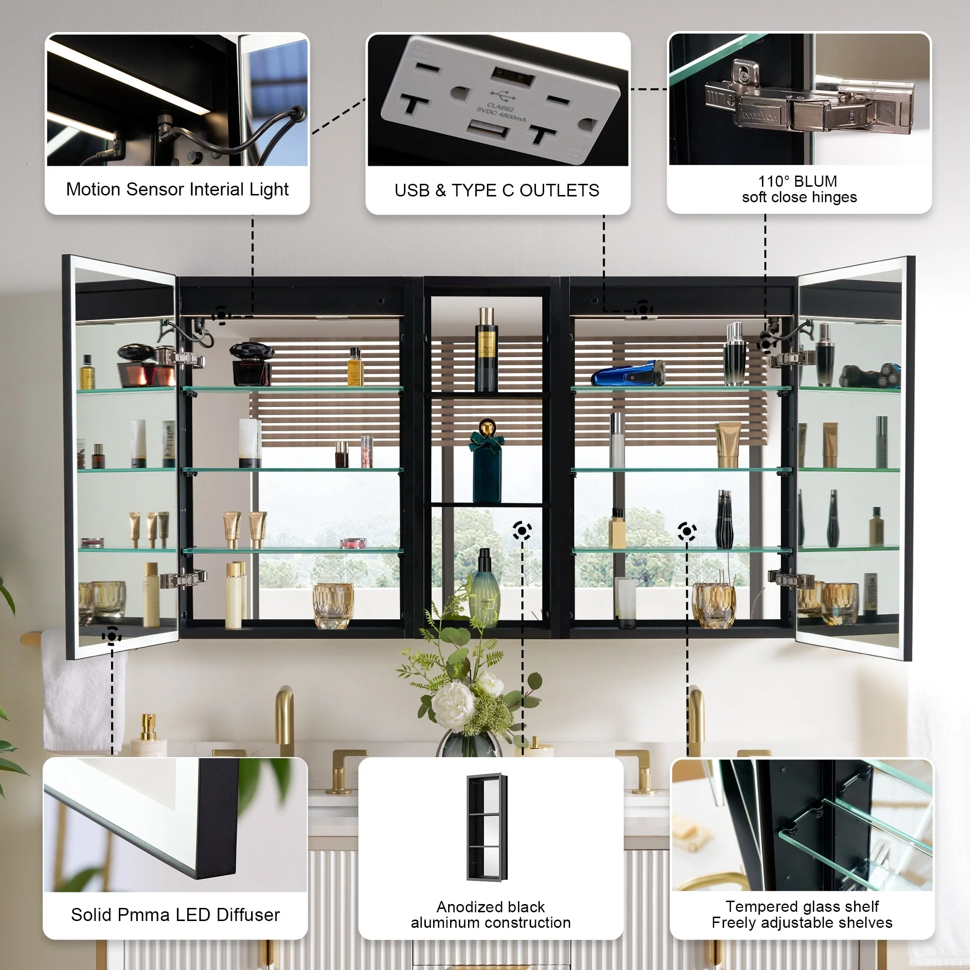 30 in. H Recessed or Surface Wall Mounted LED Mirror Cabinet With Black Side Cabinet