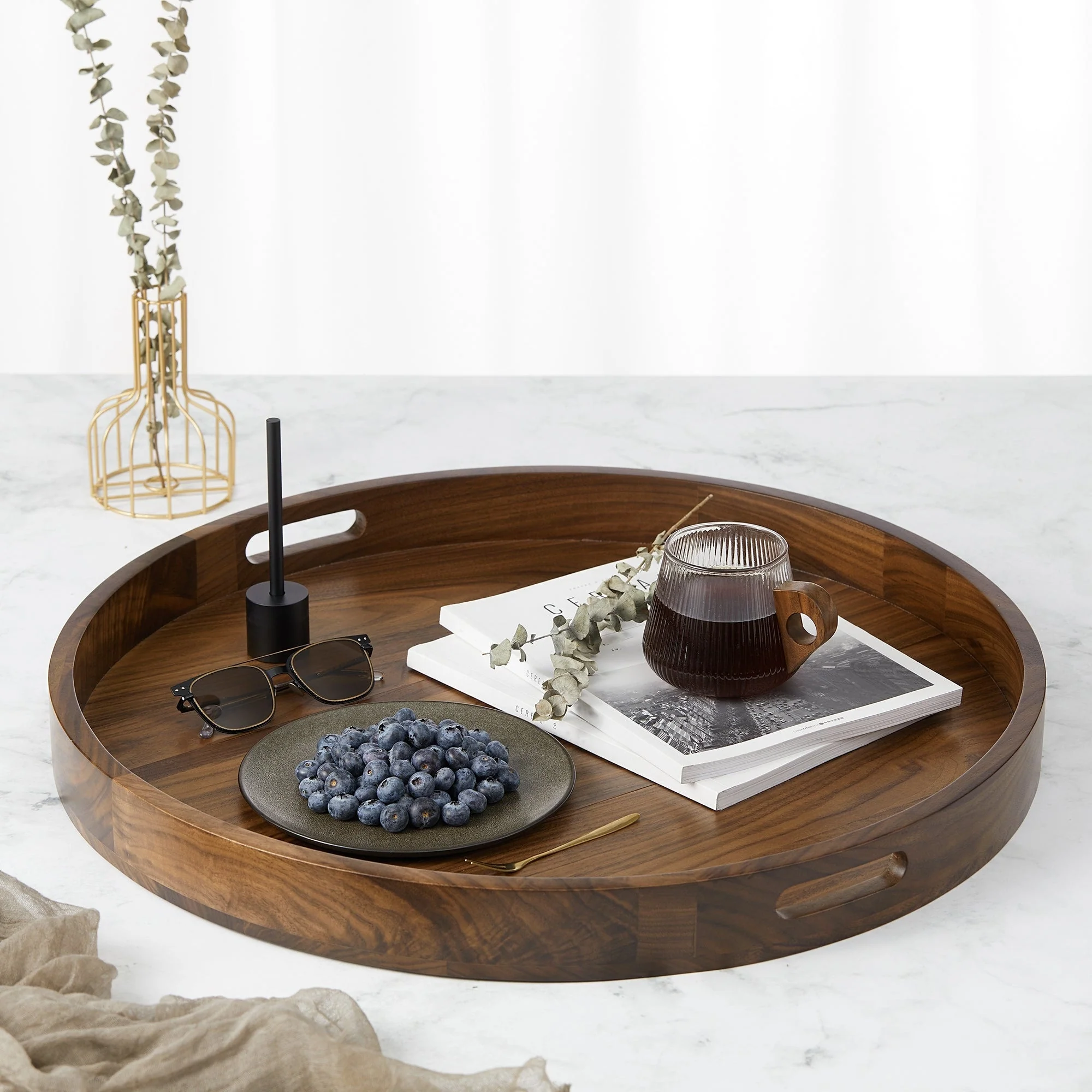 KINWELL Round Black Walnut Wood Serving Tray Ottoman Tray with Handles