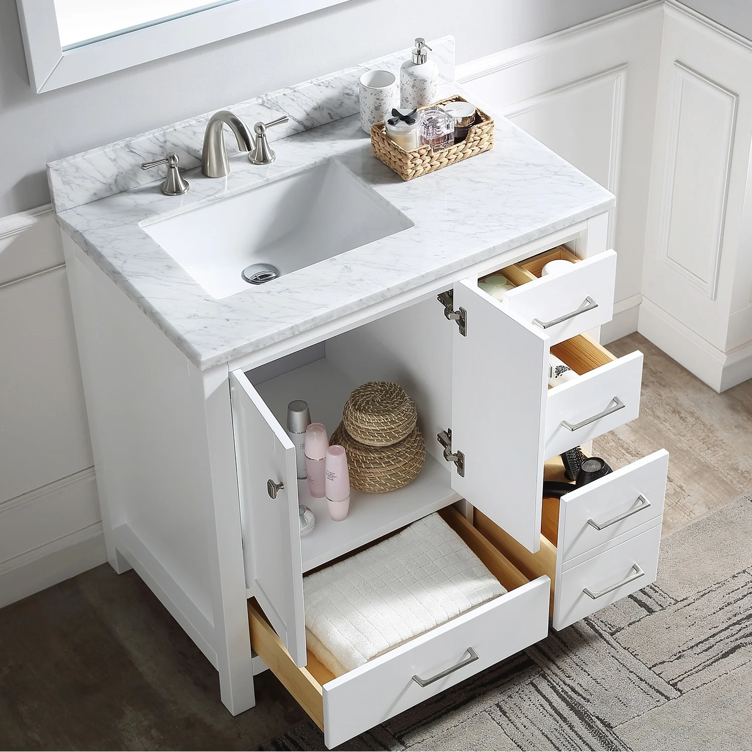 Prismatica 36 in. White Vanity with Countertop & Splash, Left Sink