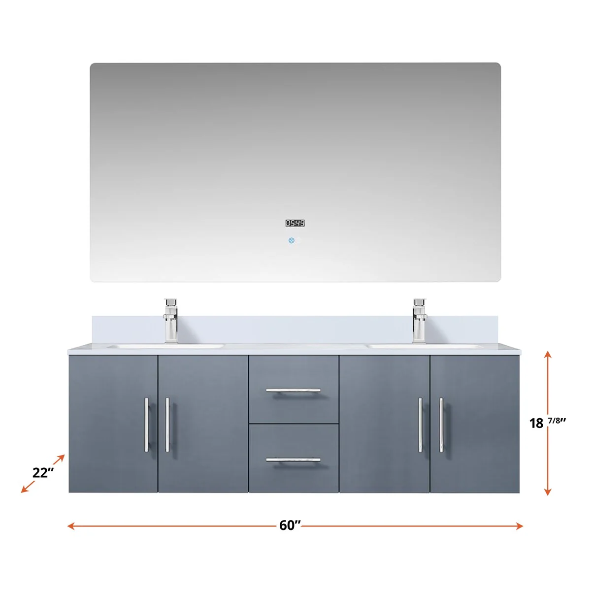 Geneva 60 in. W x 22 in. D Dark Grey Double Bath Vanity, White Quartz Top, Faucet Set, and 60 in. LED Mirror