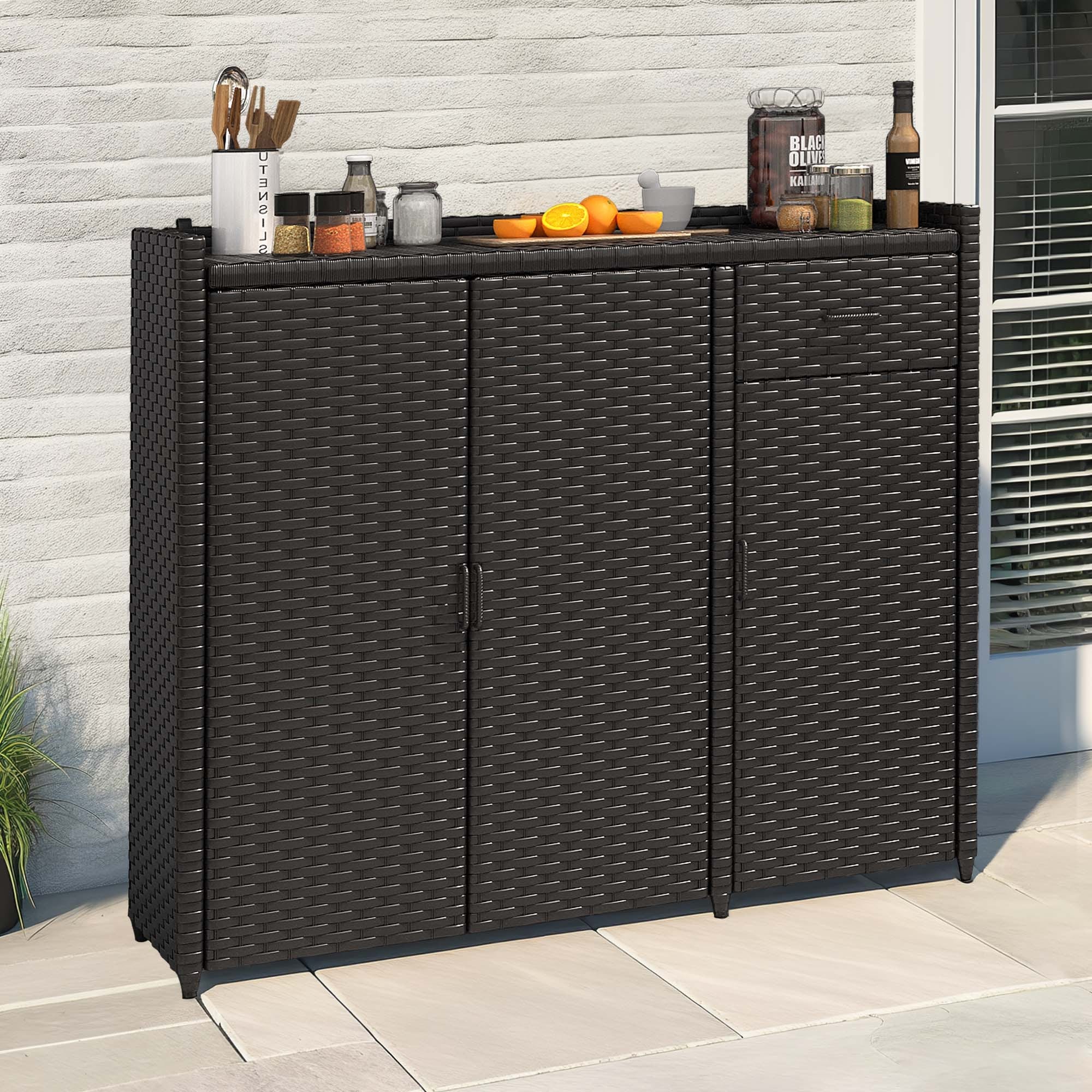 Moasis Outdoor Rattan Wicker Storage Cabinet Bar Table with 2 Doors