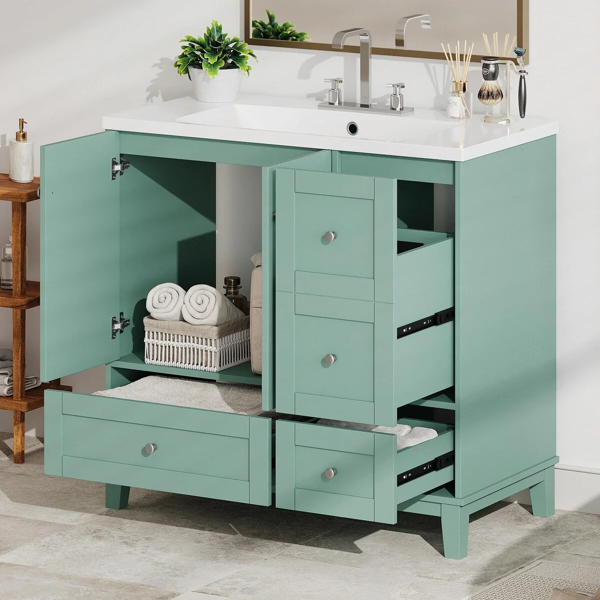 Modern 36-Inch Bathroom Vanity with Resin Sink and Ample Storage
