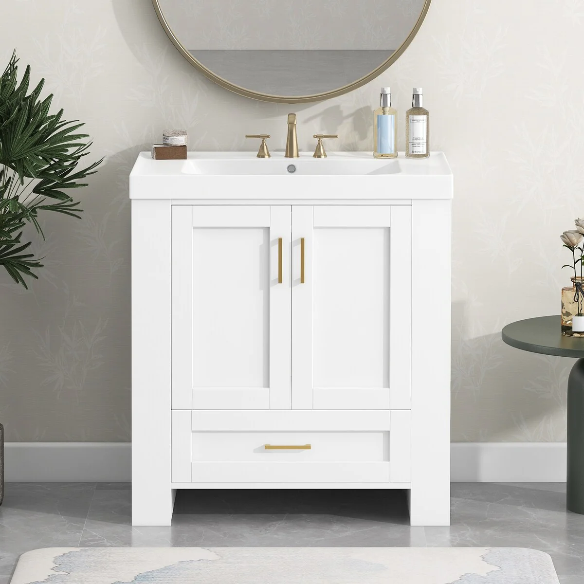 30 in. W x 18.1 in. D x 31.5 in. H Bath Vanity with White Resin Sink and Double-sided Storage Shelf
