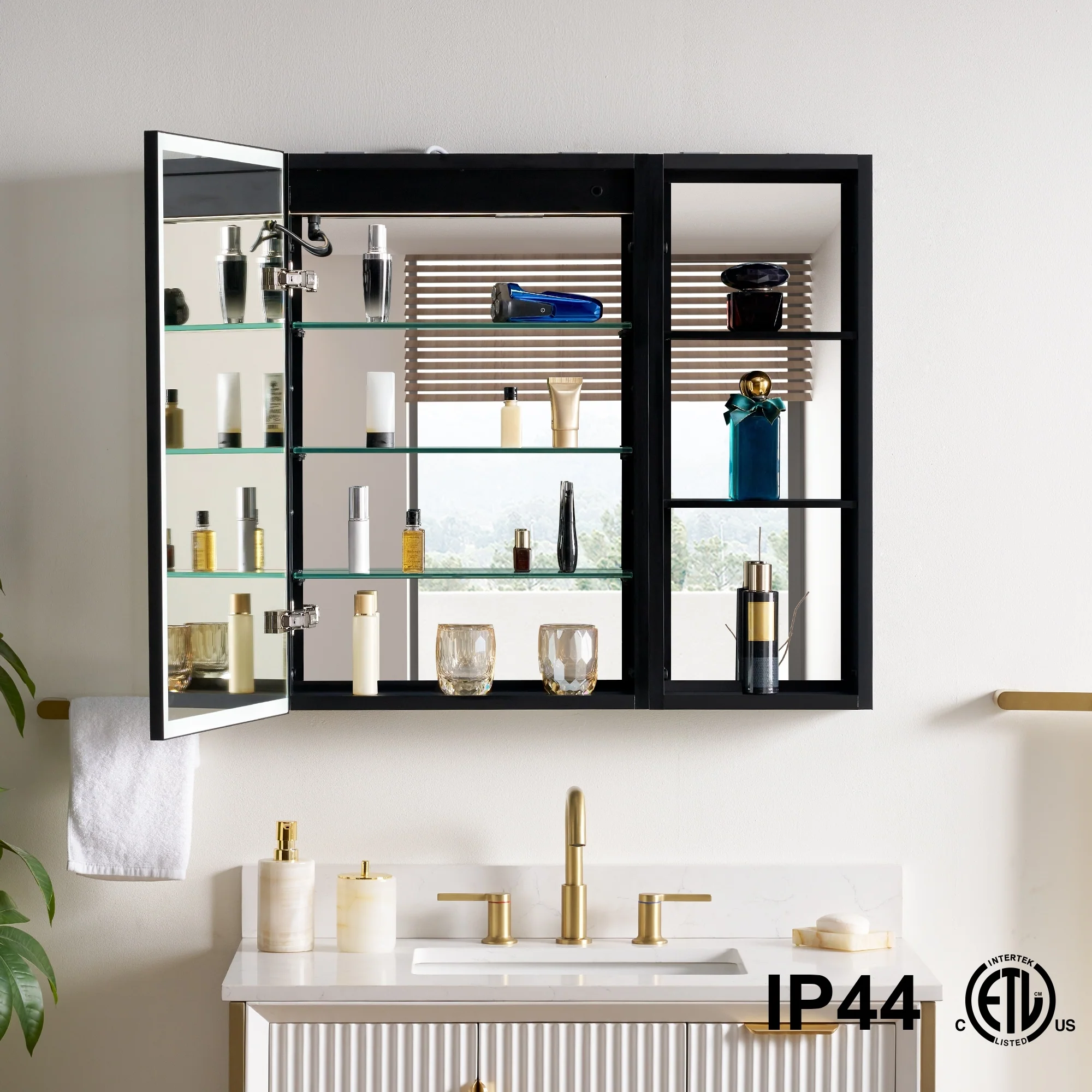 30 in. H Recessed or Surface Wall Mounted LED Mirror Cabinet With Black Side Cabinet