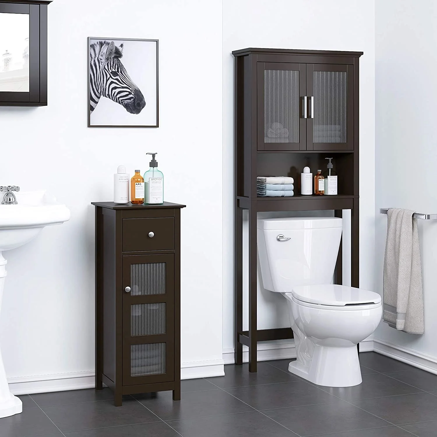 Spirich Home Bathroom Shelf Over The Toilet, Bathroom Cabinet Organizer with Moru Tempered Glass Door