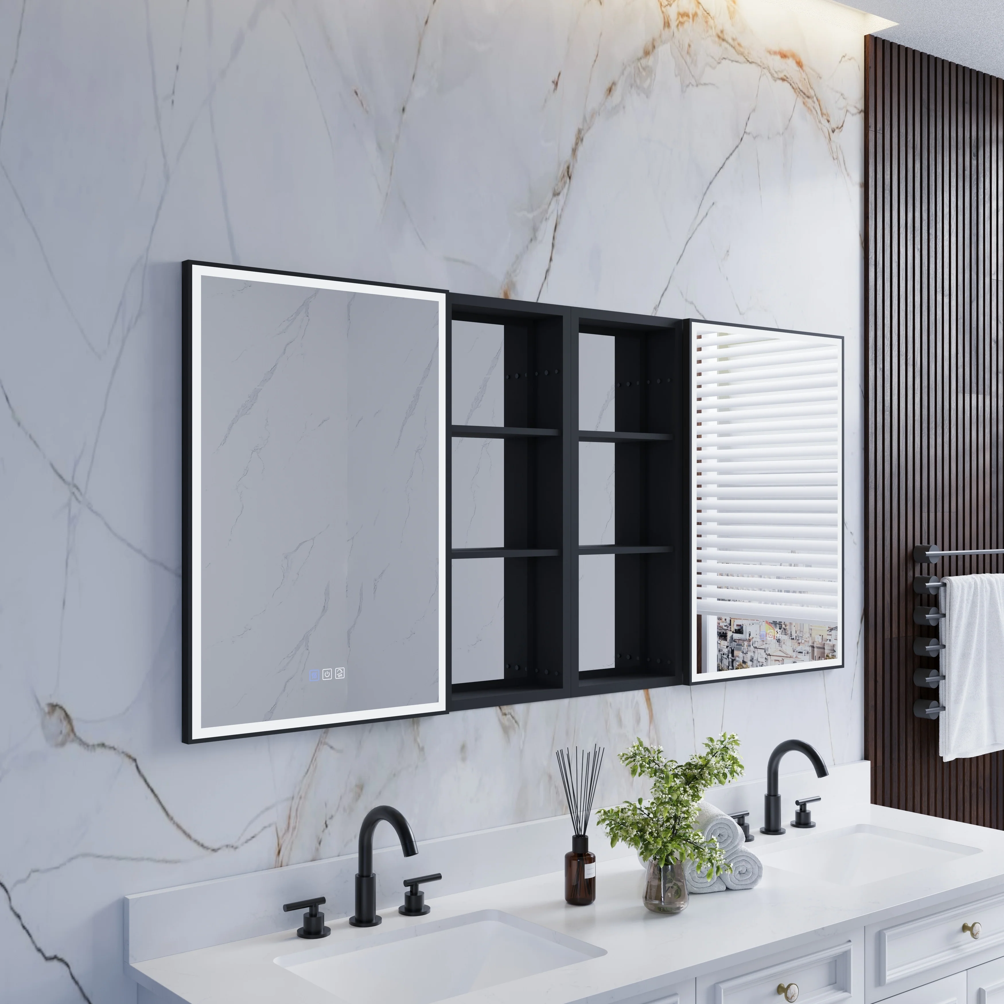 30 in. H Recessed or Surface Wall Mounted LED Mirror Cabinet With Black Side Cabinet