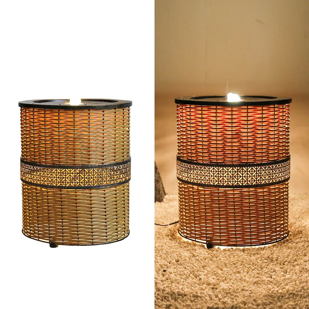 Indoor 16.9in H Round Rattan Water Fountain w/LED Light for Home Decor