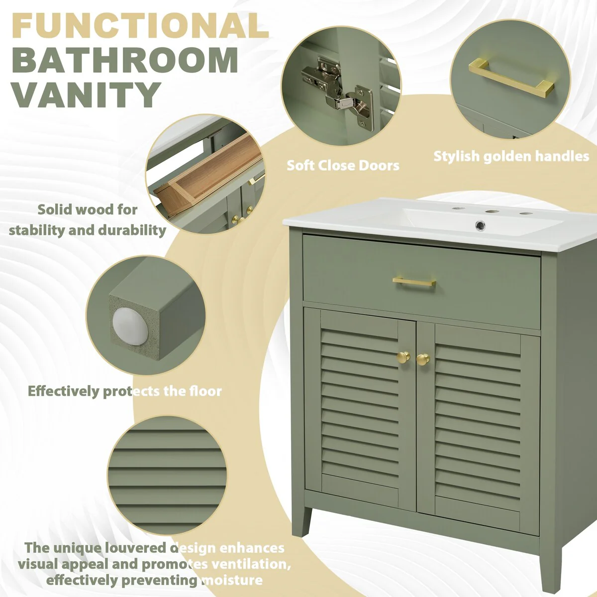 Bathroom Vanity with Ceramic Sink, 1 Pullout Drawer and 2 Doors