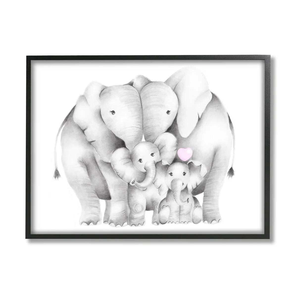 Stupell Baby Elephants with Animal Family Cute Pink Heart Framed Wall Art