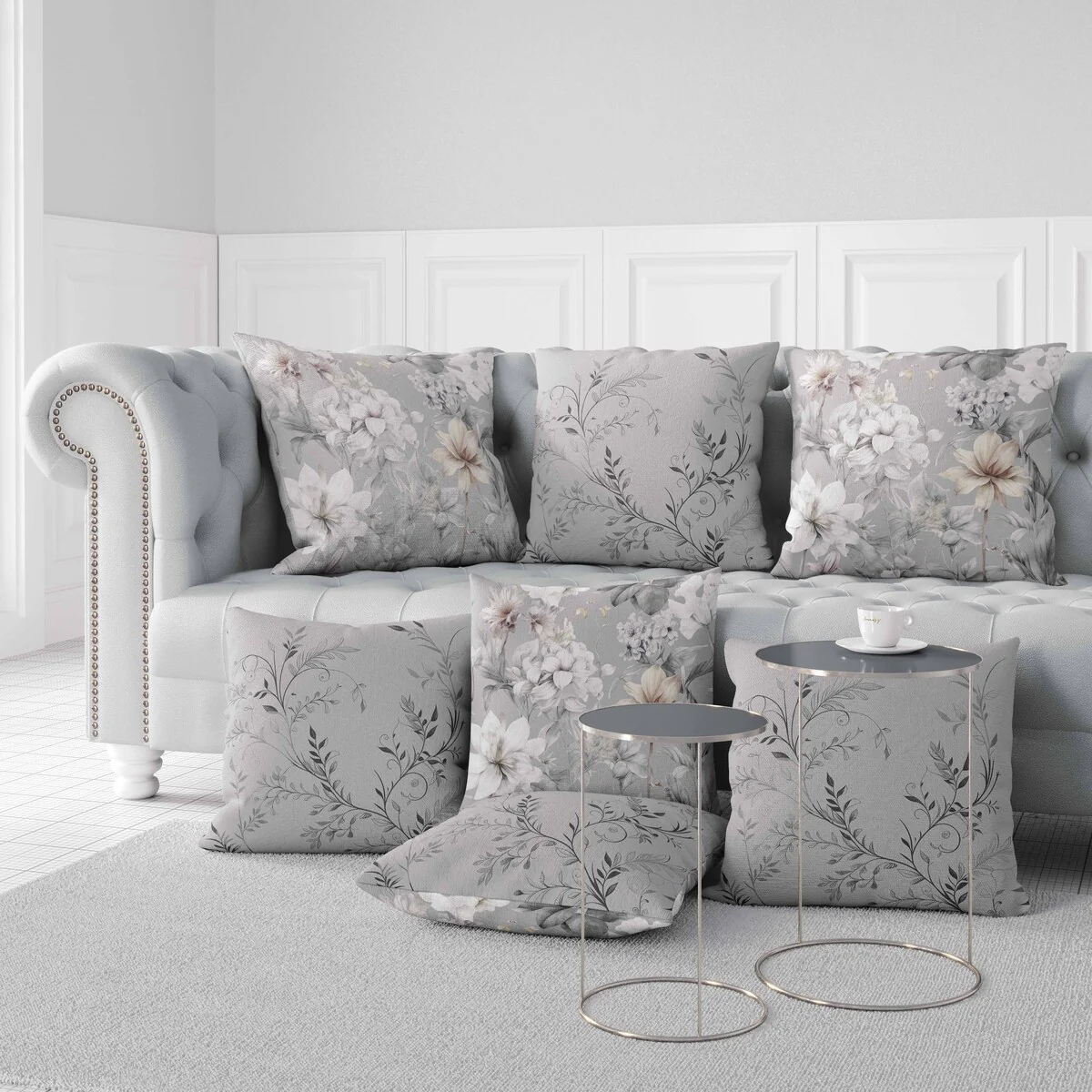 Grey And White Wildflower Whimsy Faux Suede Throw Pillow Zipper