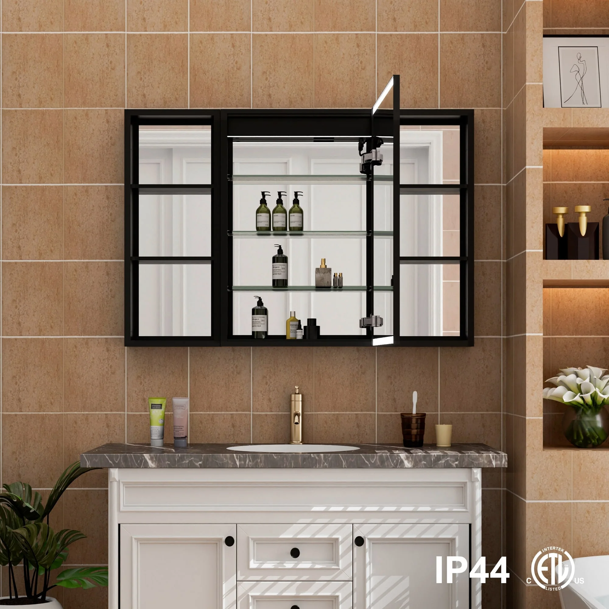 30 in. H Recessed or Surface Wall Mounted LED Mirror Cabinet With Black Side Cabinet