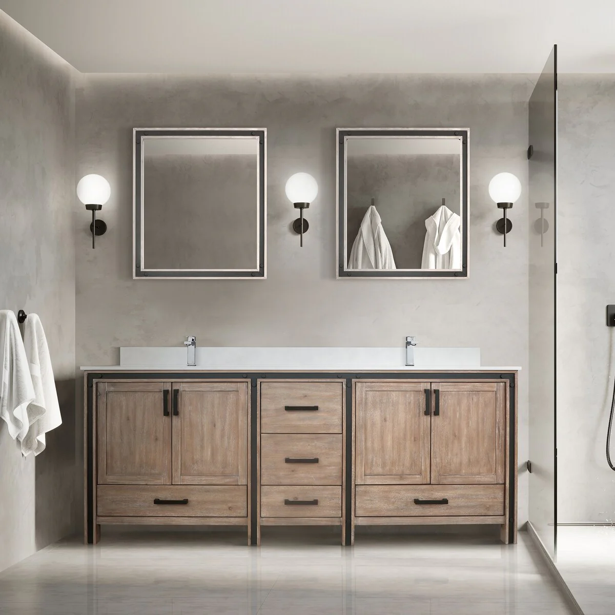 Ziva 80 in W x 22 in D White Double Bath Vanity, White Quartz Top, Faucet Set and 30 in Mirrors