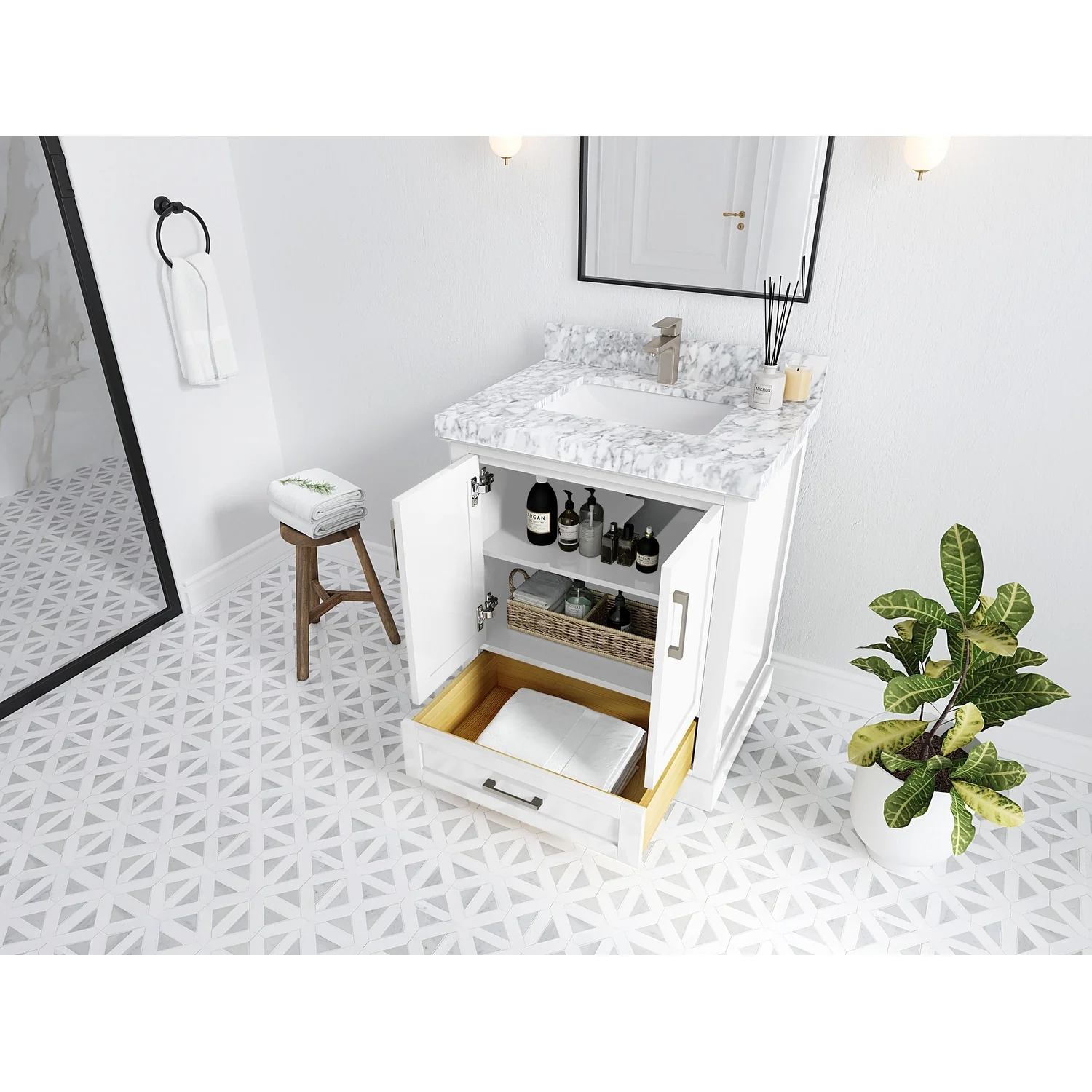 Willow Collection 30 in W x 22 in D x 36 in H Reeded Boston Single Bowl Sink Bathroom Vanity with Quartz or Marble Countertop