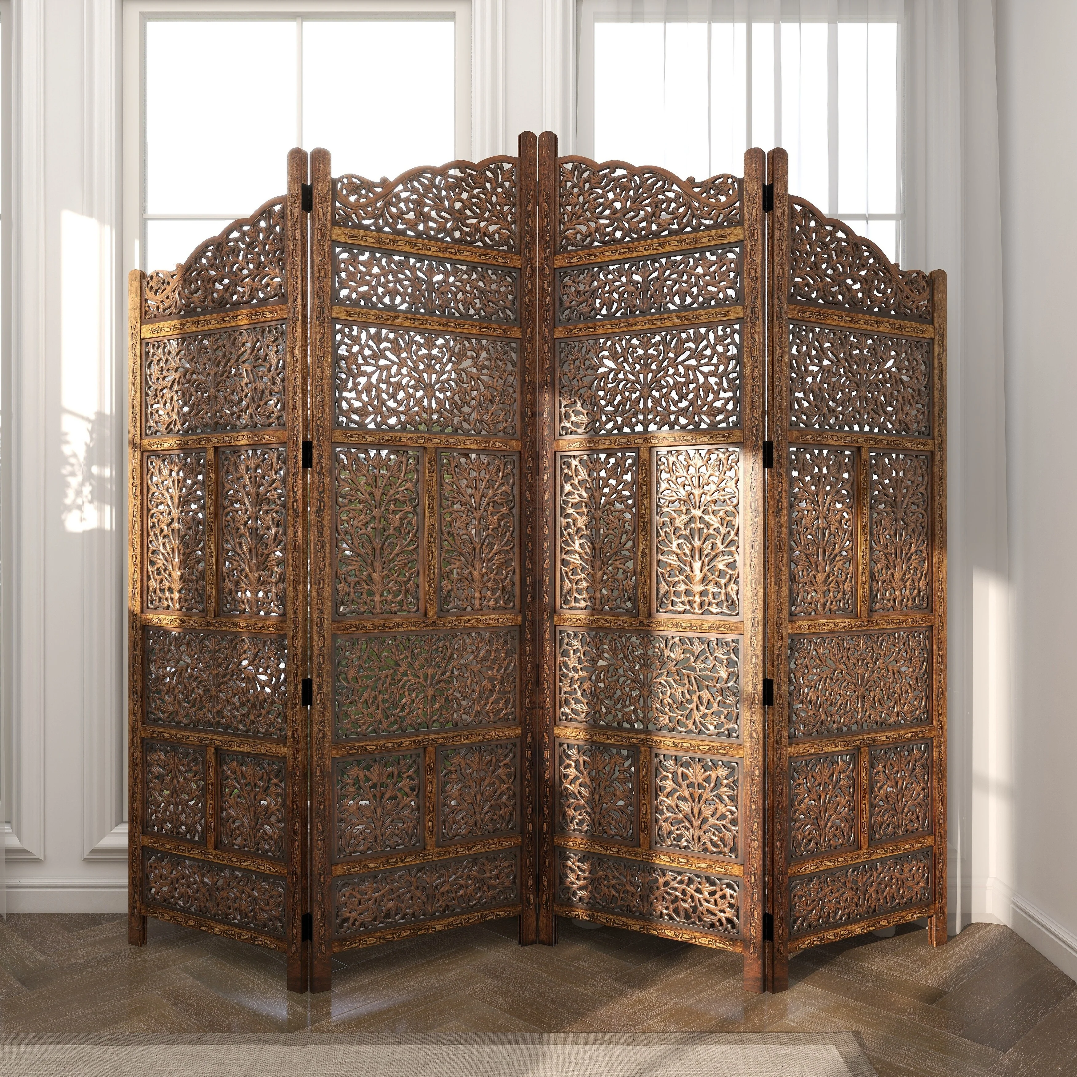 Hand Carved Fold-able 4-Panel Wooden Partition Screen/ Room Divider, Brown