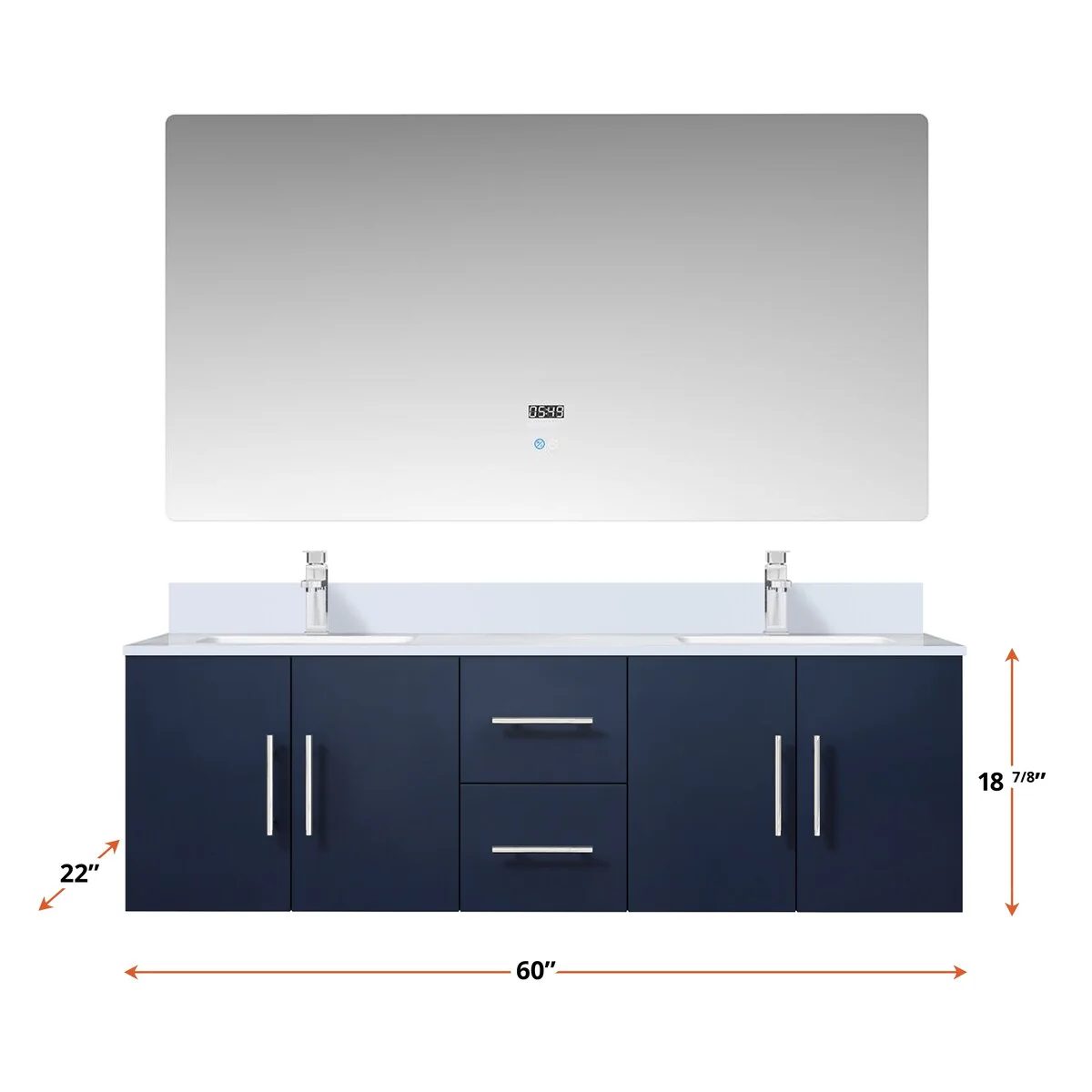 Geneva 60 in. W x 22 in. D Dark Grey Double Bath Vanity, White Quartz Top, Faucet Set, and 60 in. LED Mirror