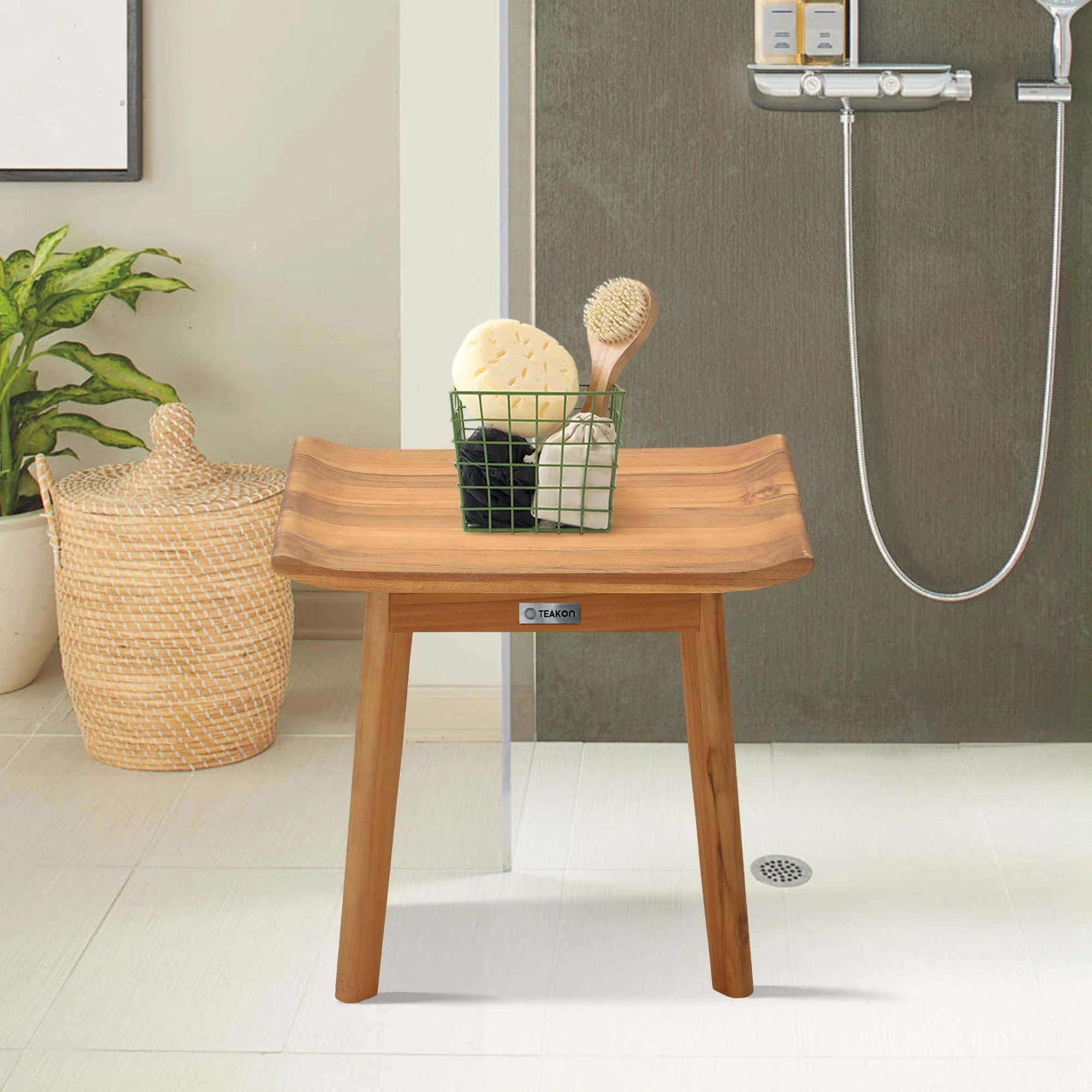 Bathroom Stool with Storage Shelf, Teak Shower Bench Waterproof Wood Bench, Shower Seat