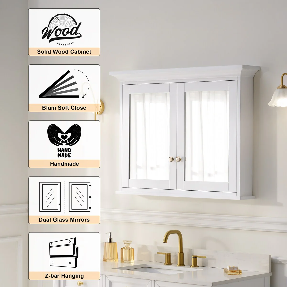 30''H Surface Mount Solid Wood Framed Medicine Cabinet With Mirror And Wooden Shelves