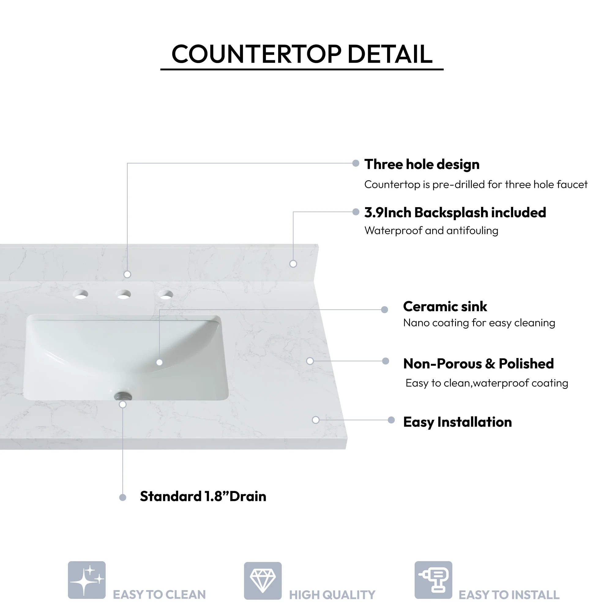Jaen Composite Stone Vanity Top with White Rectangular Sink