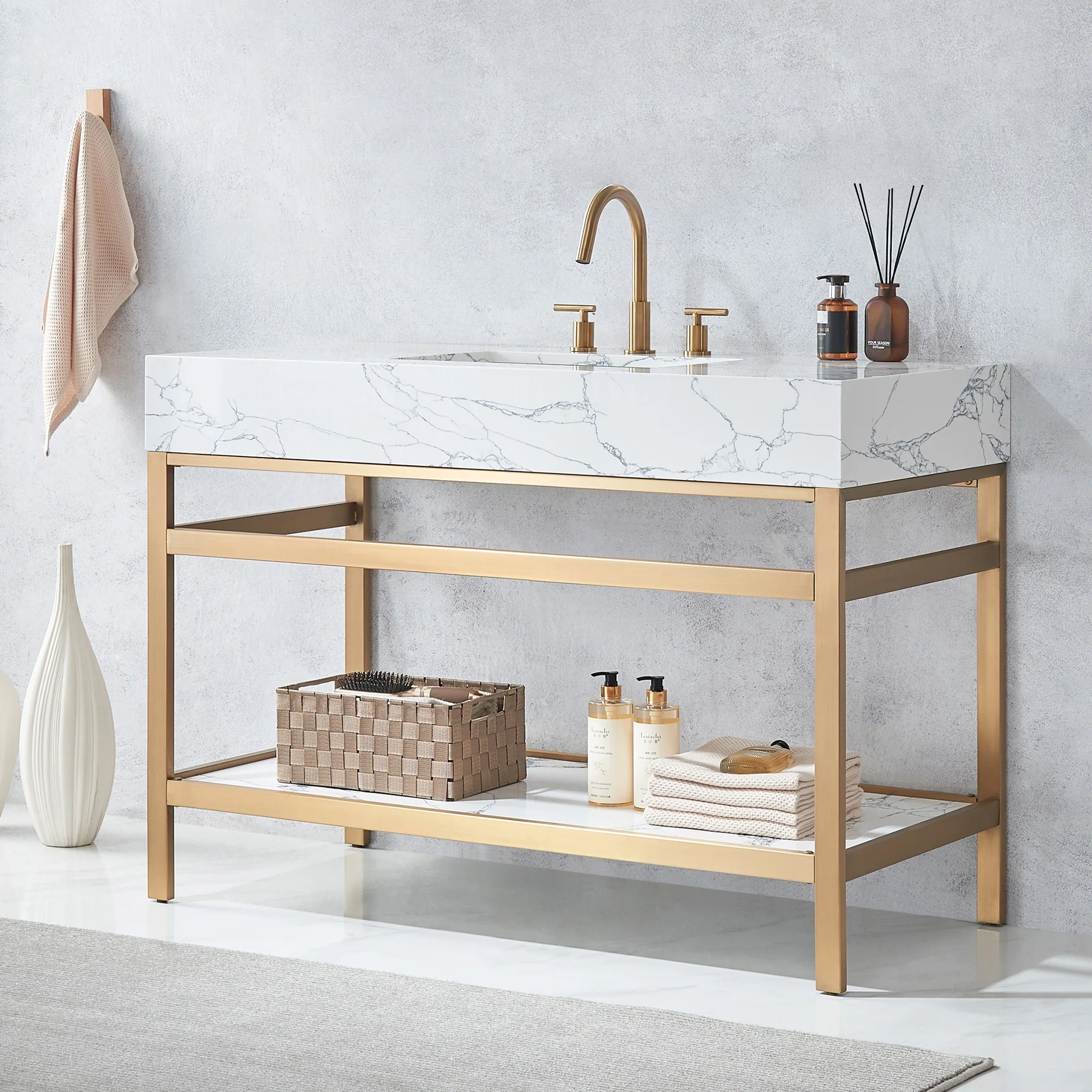 Ecija Bath Vanity, Metal Support with Composite Stone Top, no Mirror