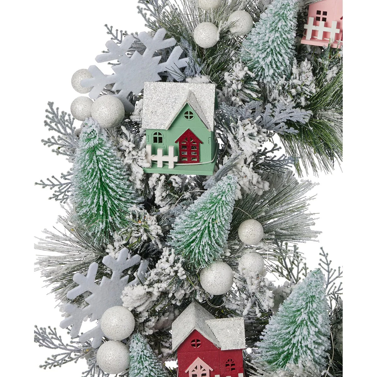 Snowy Cottage Wreath 26in Pre-Lit with 50 LED Fairy Lights B/O