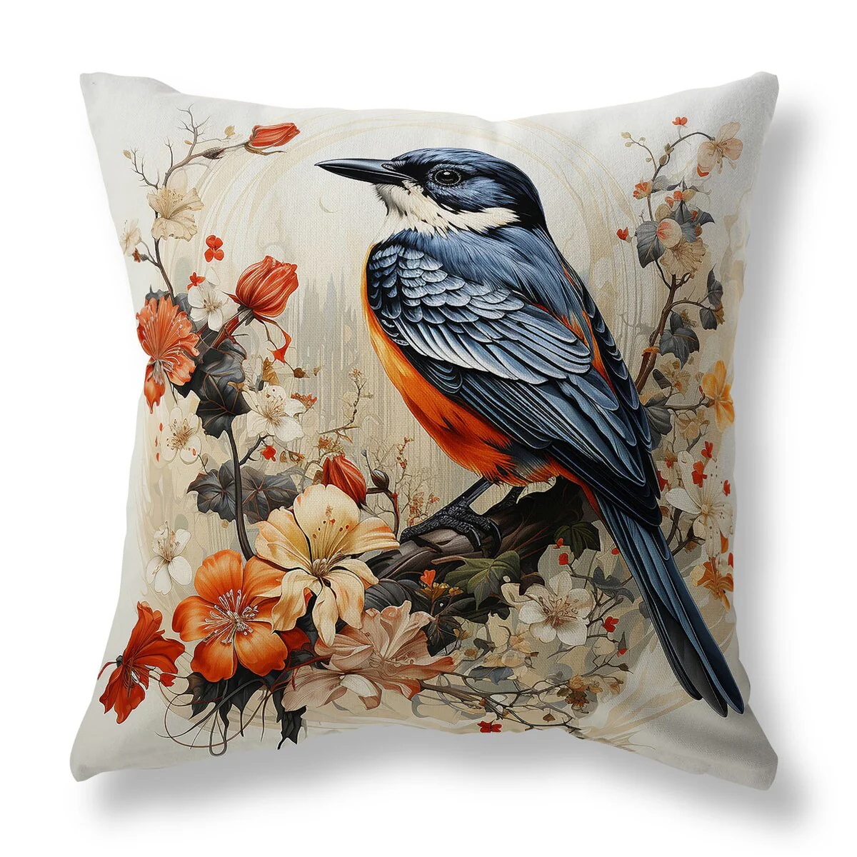 Orange And Blue Feathered Floralscapes Indoor/Outdoor Throw Pillow Zipper