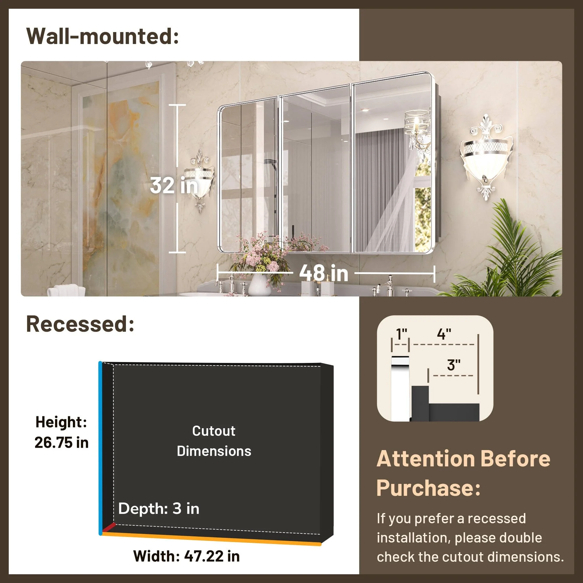 KEONJINN Medicine Cabinets for Bathroom with Mirror, Stainless Steel 1-3 Framed Doors