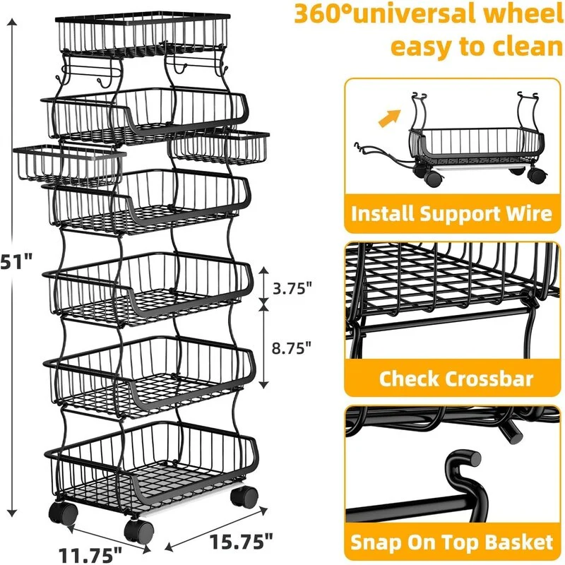 6 Tier Rolling Cart Stackable Fruit Vegetable Basket with Wheels and 2 Hanging Basket - 11.75
