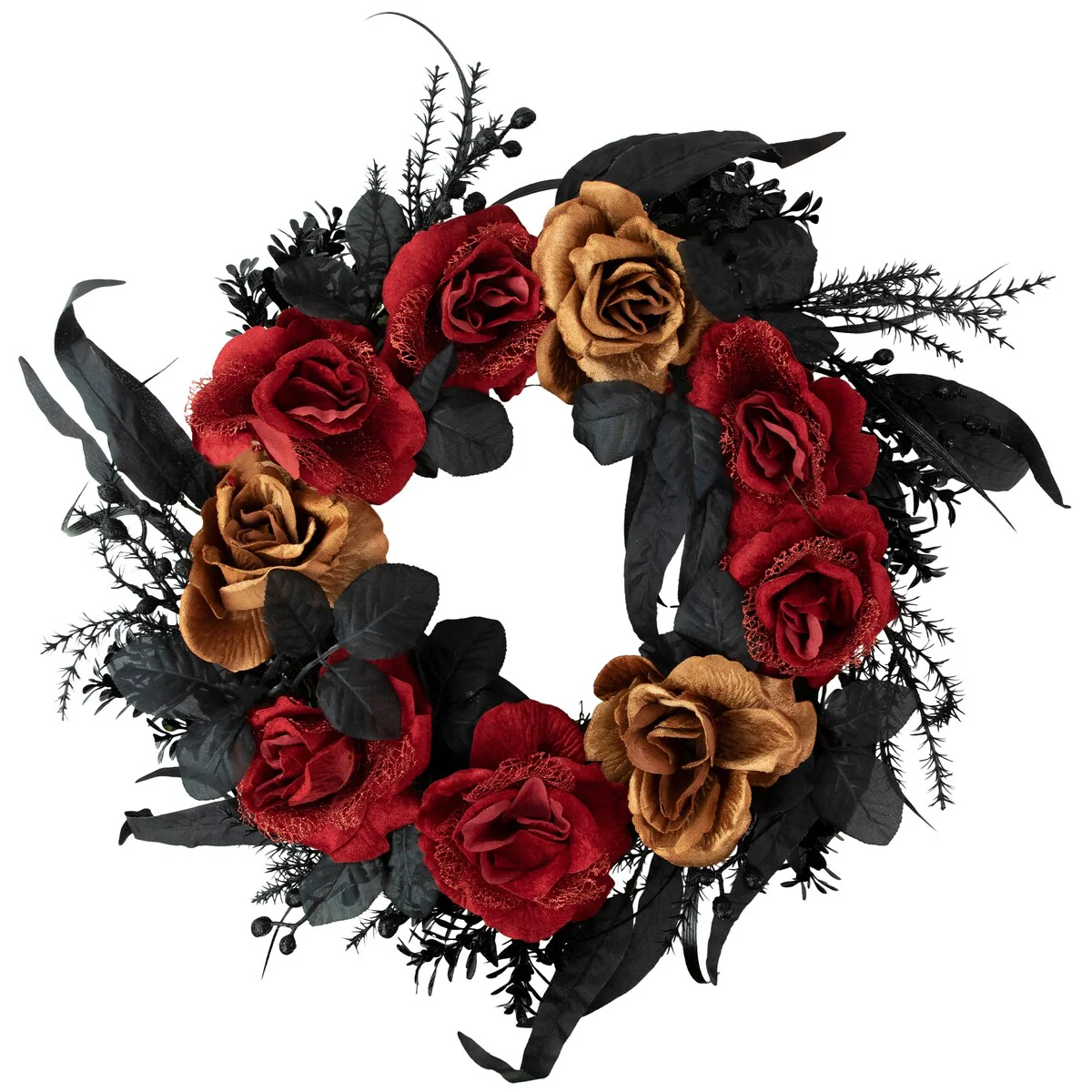Red and Gold Roses with Black Foliage Halloween Wreath 22-Inch Unlit
