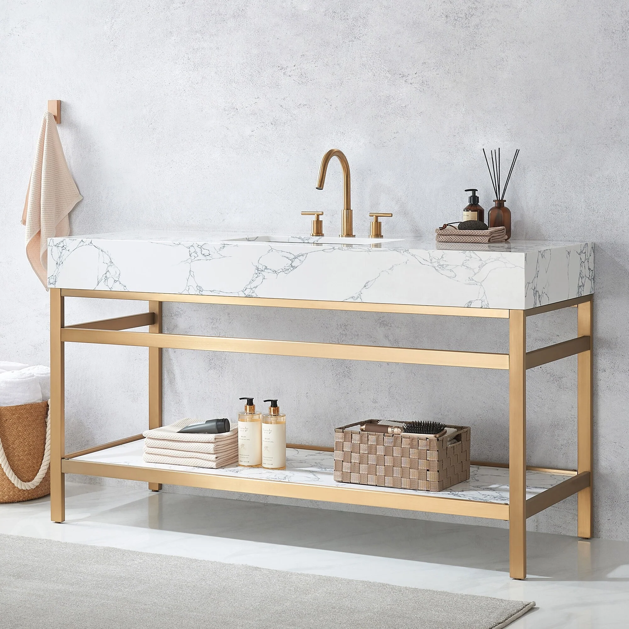 Ecija Bath Vanity, Metal Support with Composite Stone Top, no Mirror