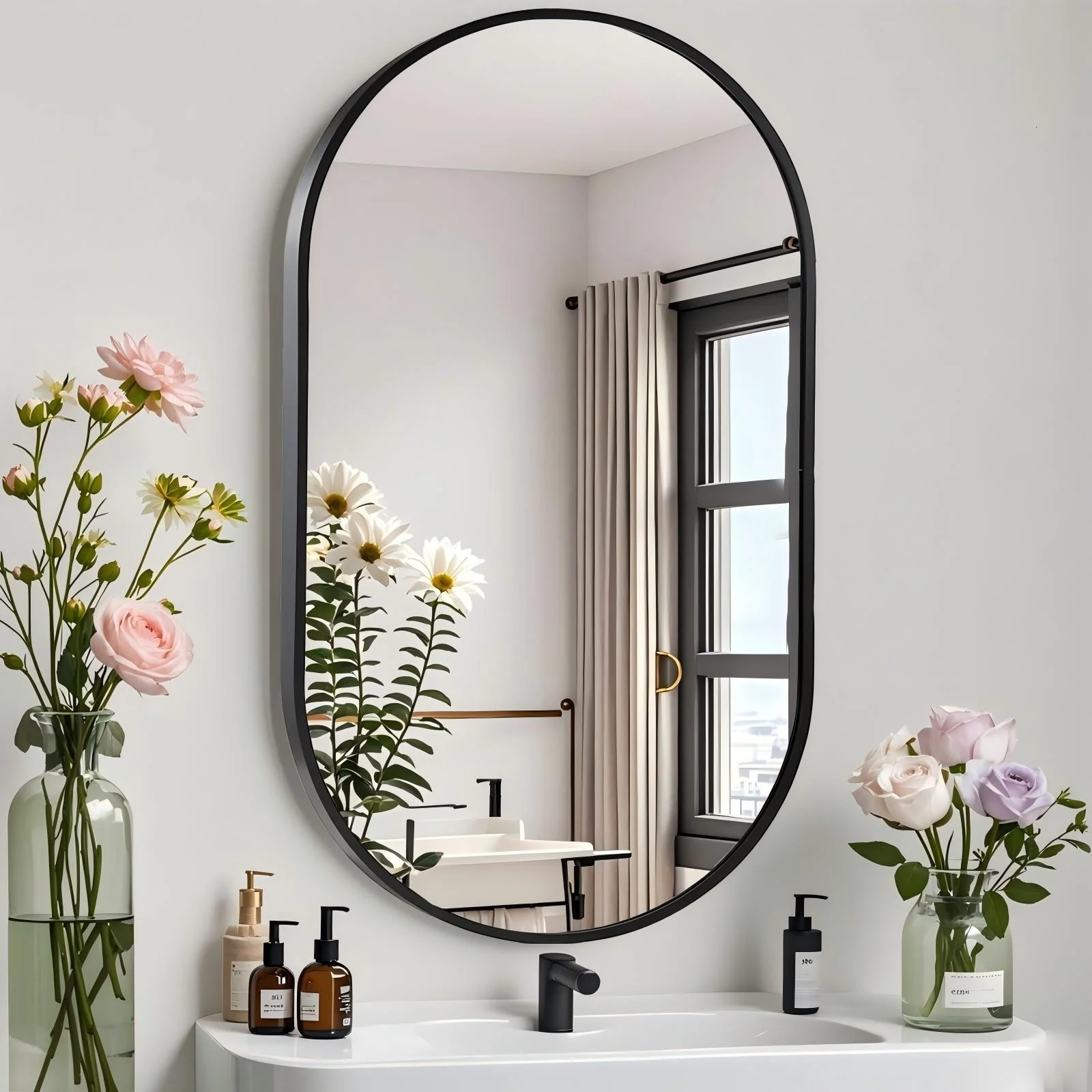 Apmir Oval Wall Mirror Black Metal Framed Bathroom Vanity Mirror