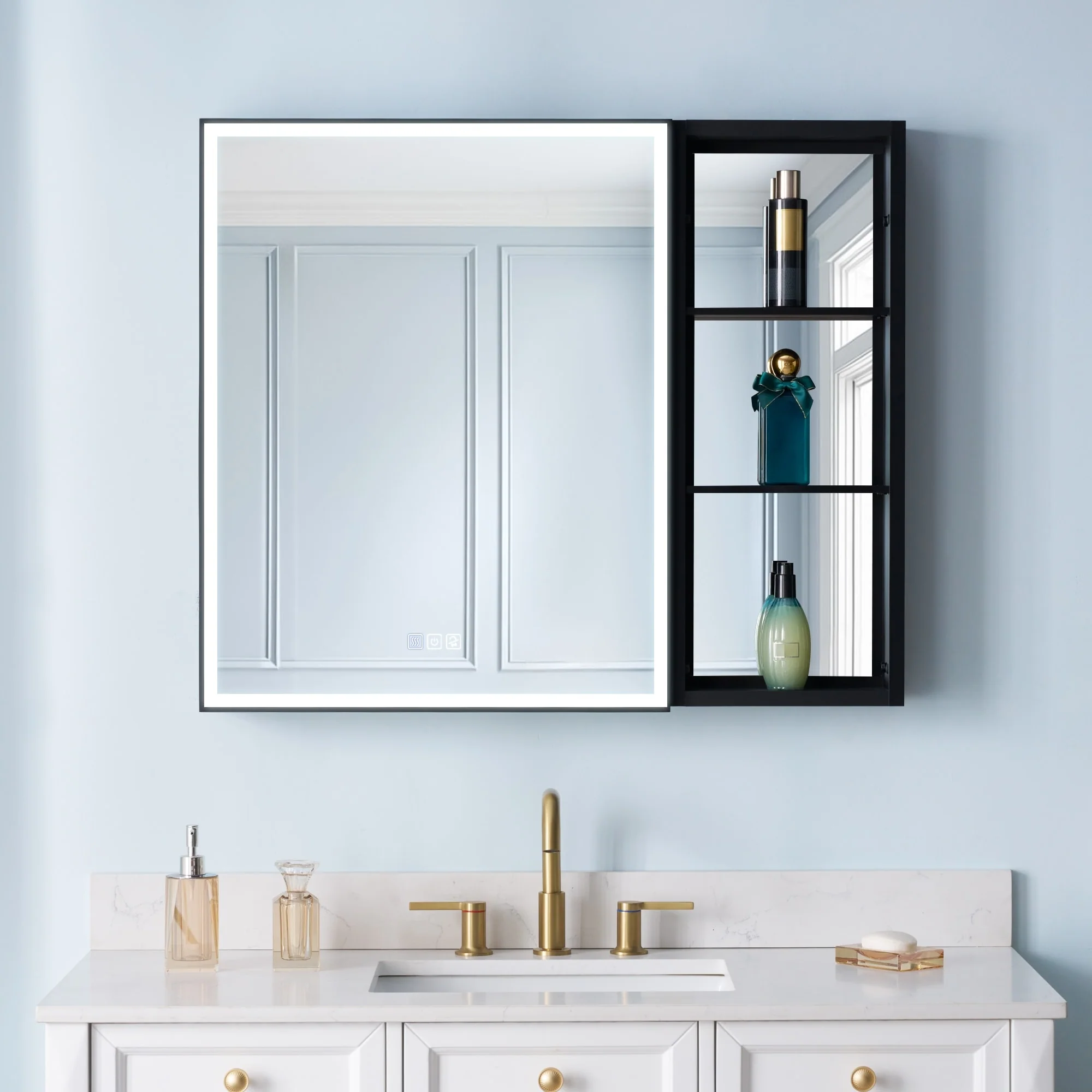 30 in. H Recessed or Surface Wall Mounted LED Mirror Cabinet With Black Side Cabinet
