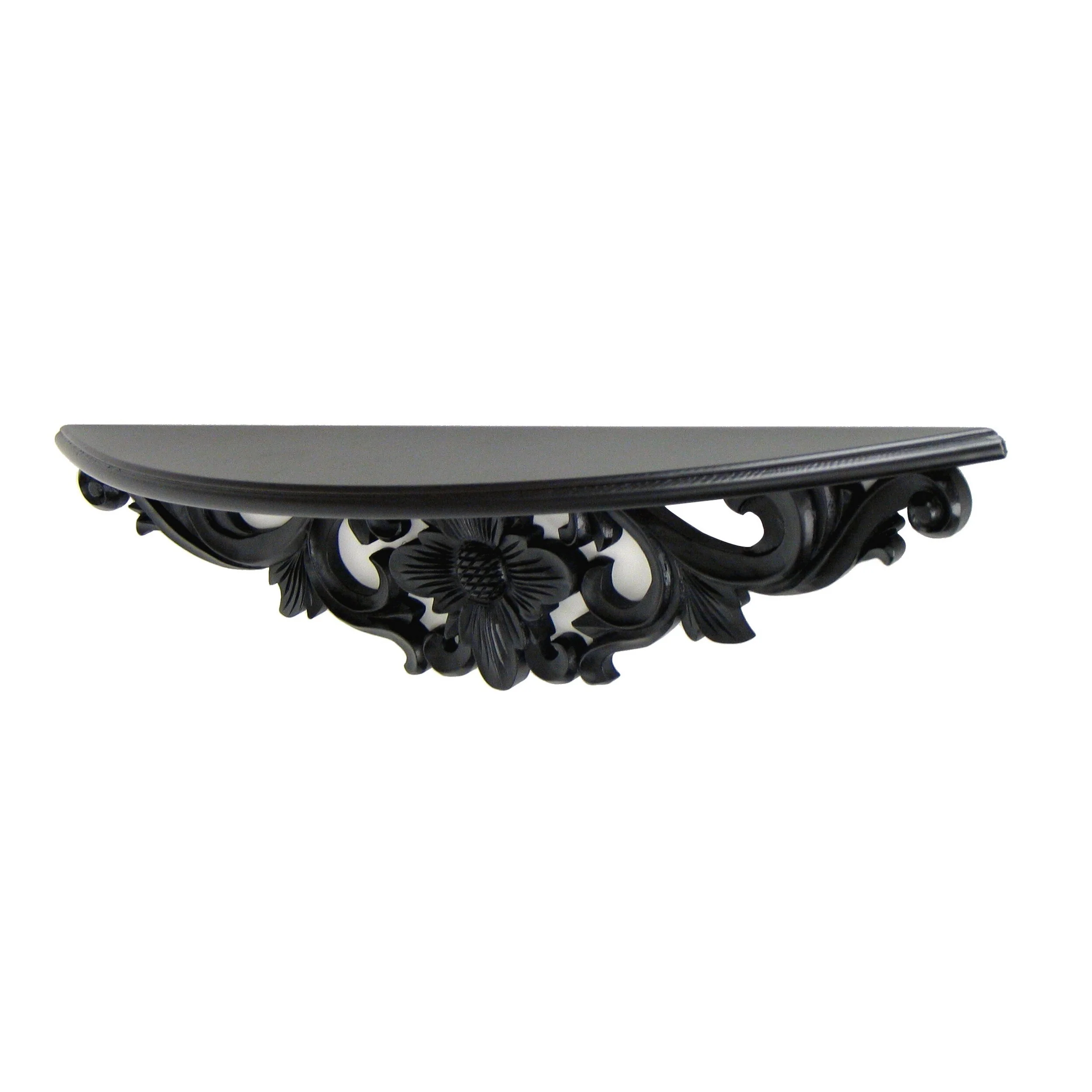 Hand Carved Wooden Moonbay Wall Shelf in Floral Design, Black