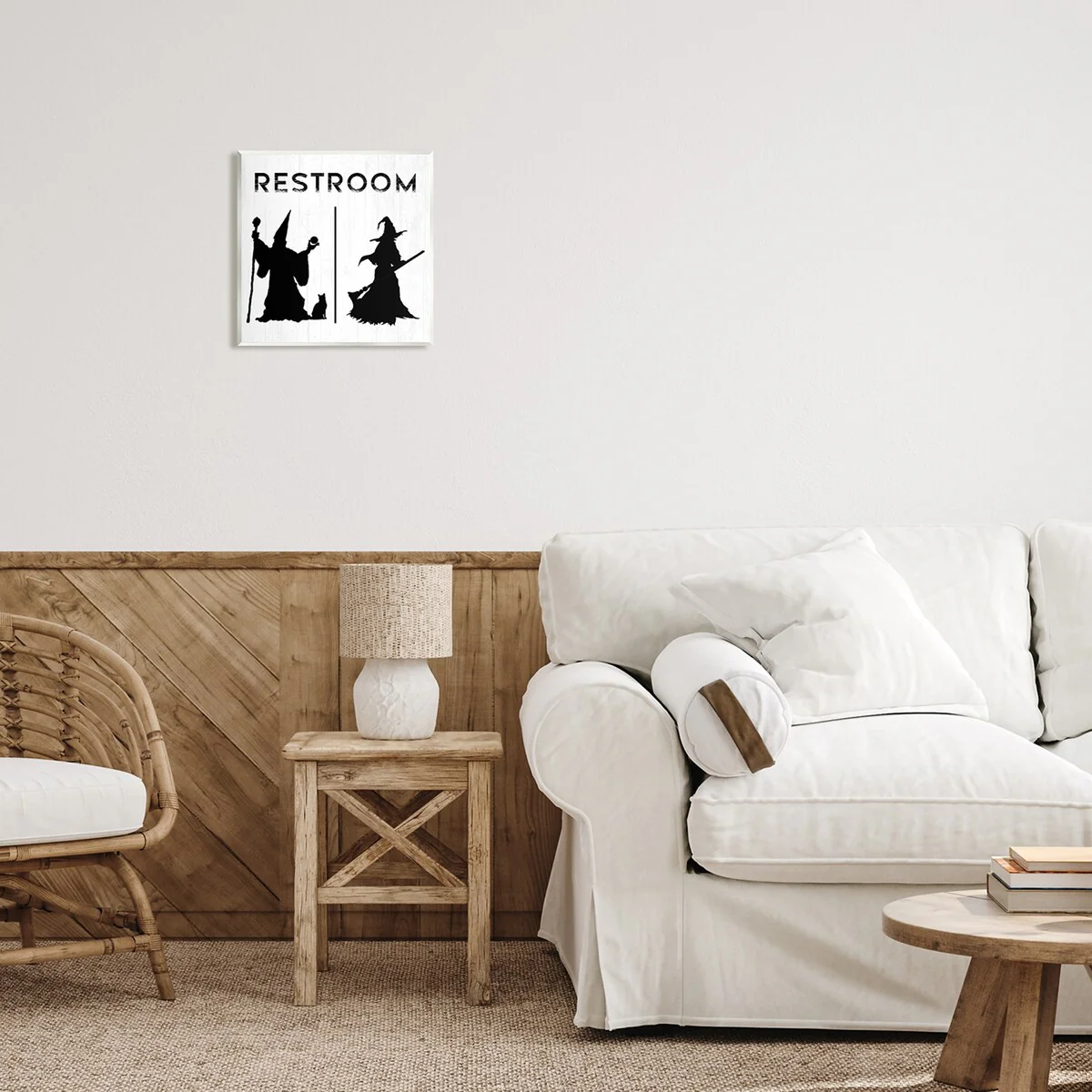 Stupell Rustic Witch & Wizard Halloween Restroom Sign Wood Wall Art, Design by Daphne Polselli