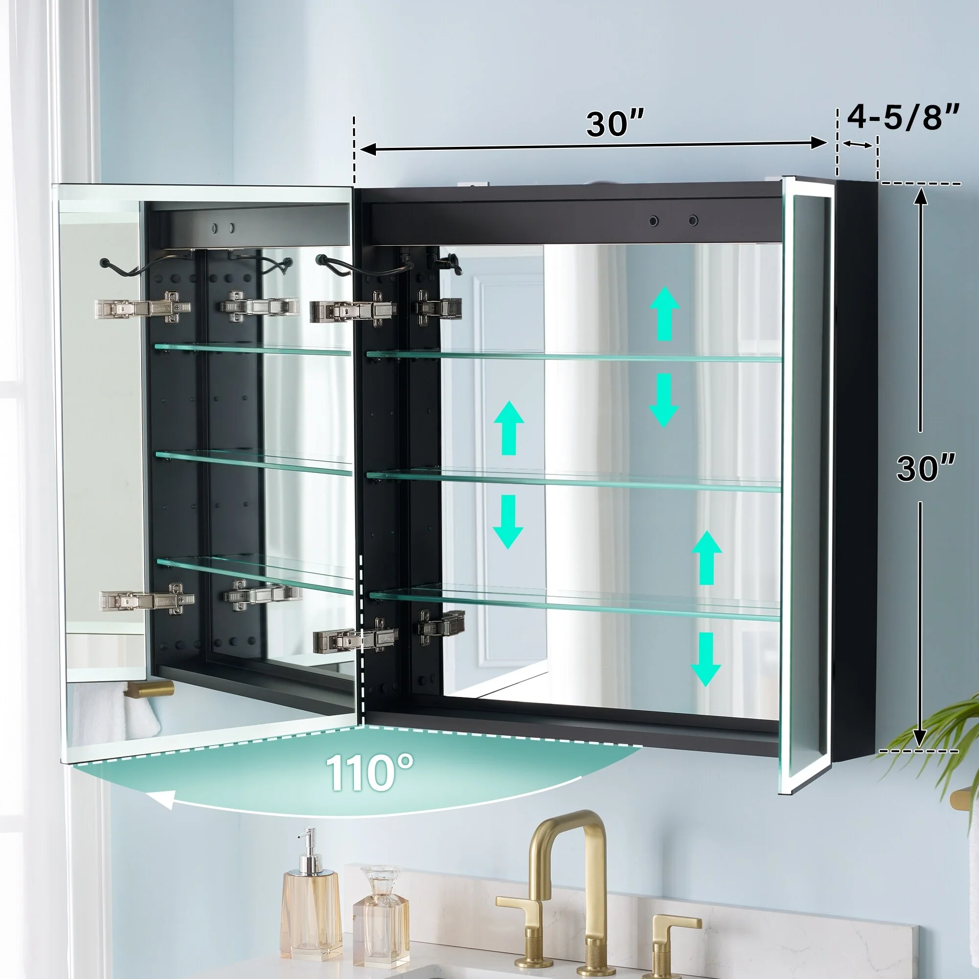 30'' H Recessed Or Surface Wall Mounted LED Mirror Cabinet With Mirror And Adjustable Shelves,Black Frame