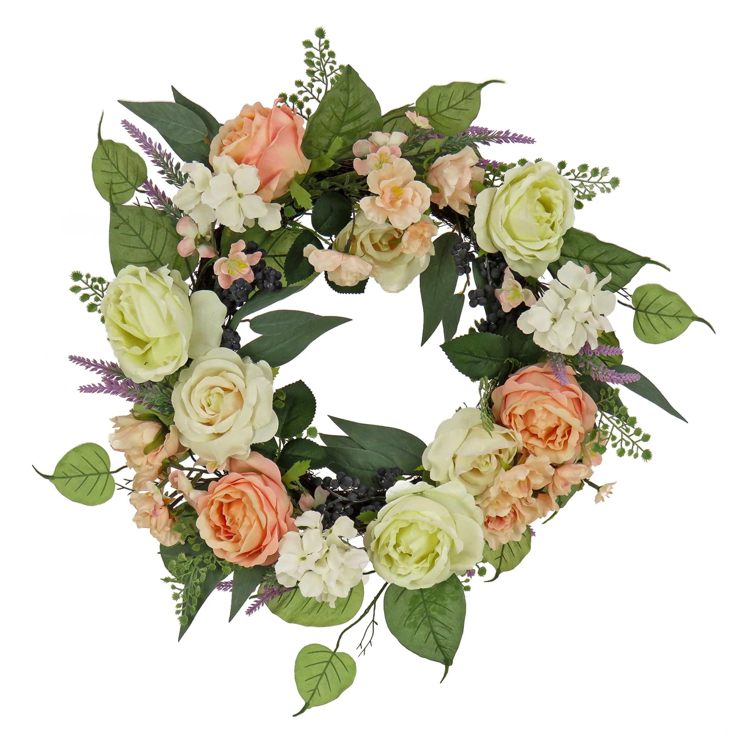 National Tree Company 24 inch Artificial Spring Wreath with Rose and Peony Flower Blooms, Leafy Greens, Realistic Floral Décor
