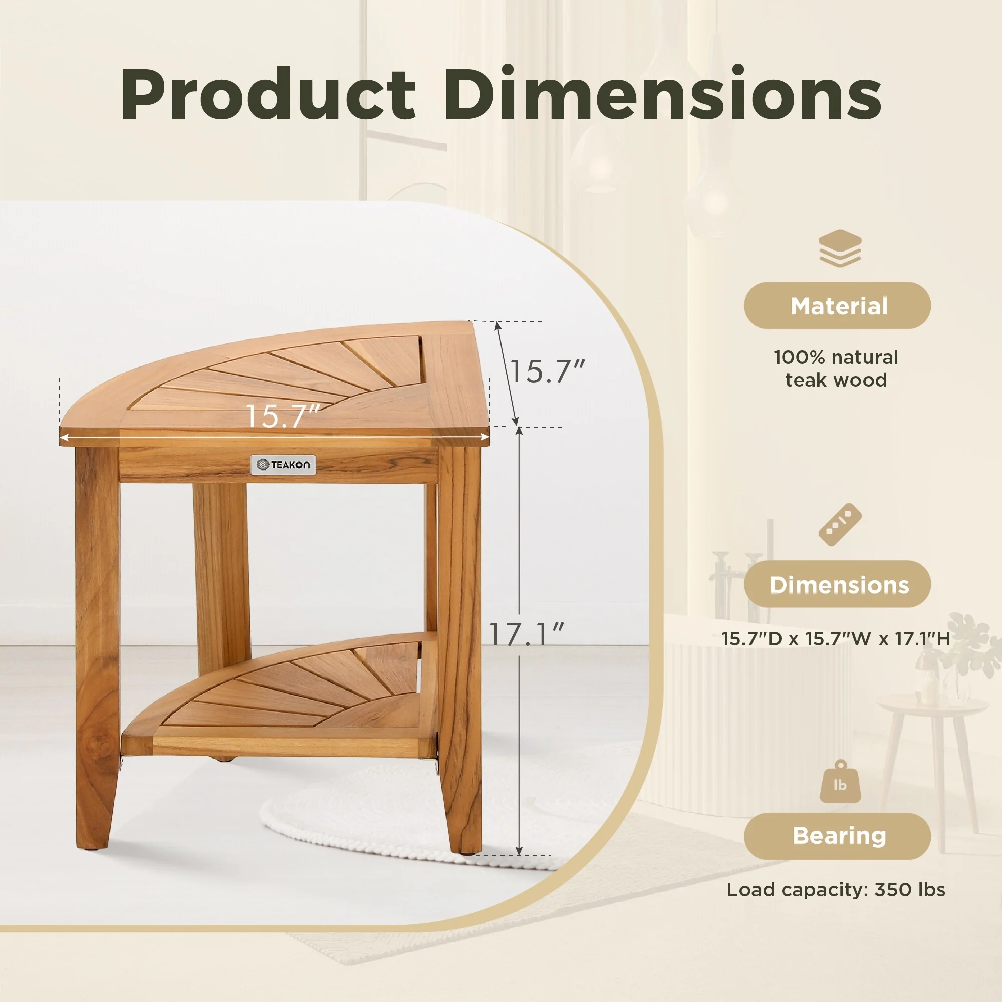Bathroom Stool with Storage Shelf, Teak Shower Bench Waterproof Wood Bench, Shower Seat