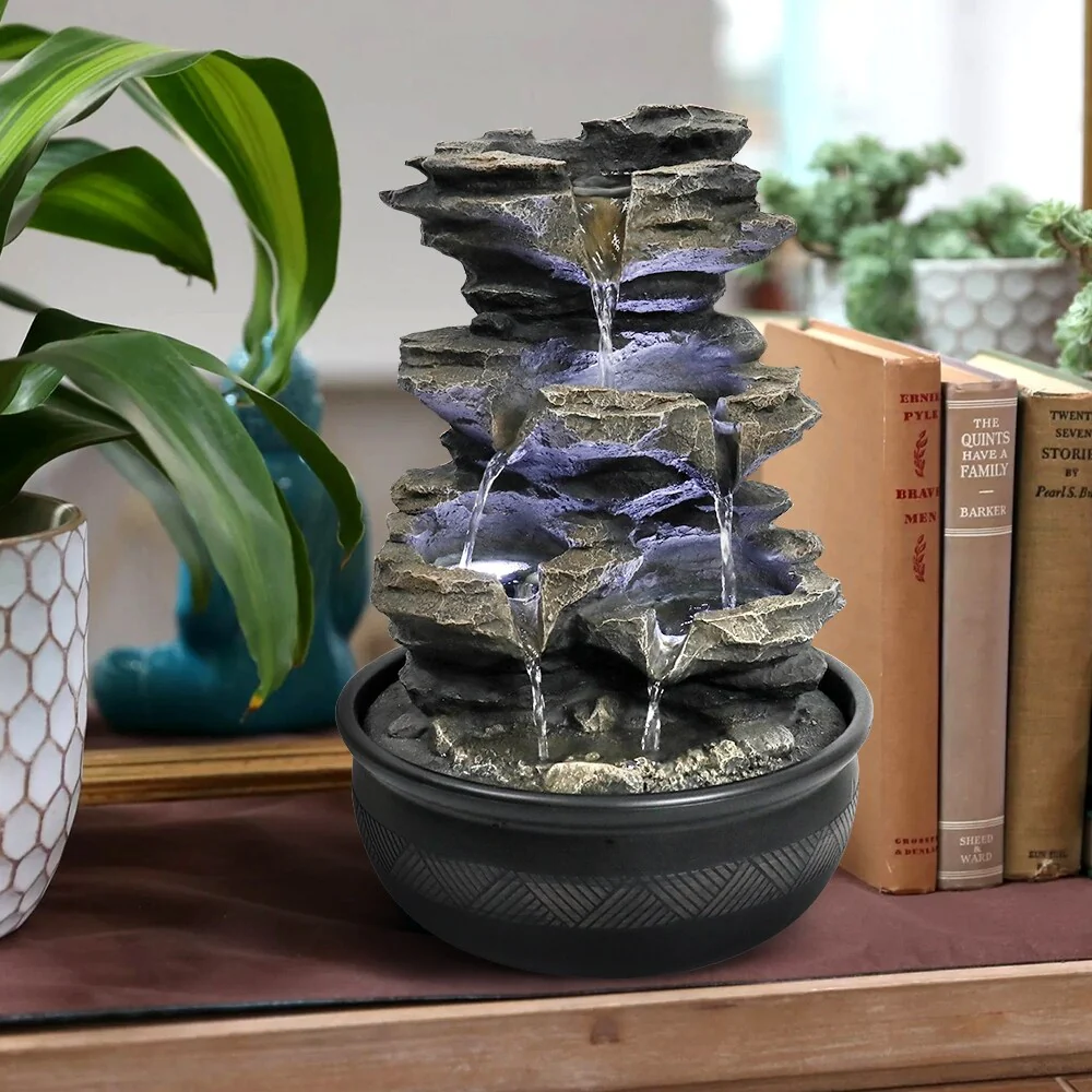 15.7in 4-Tier Cascading Rock Falls Tabletop Water Fountain w/LED Light