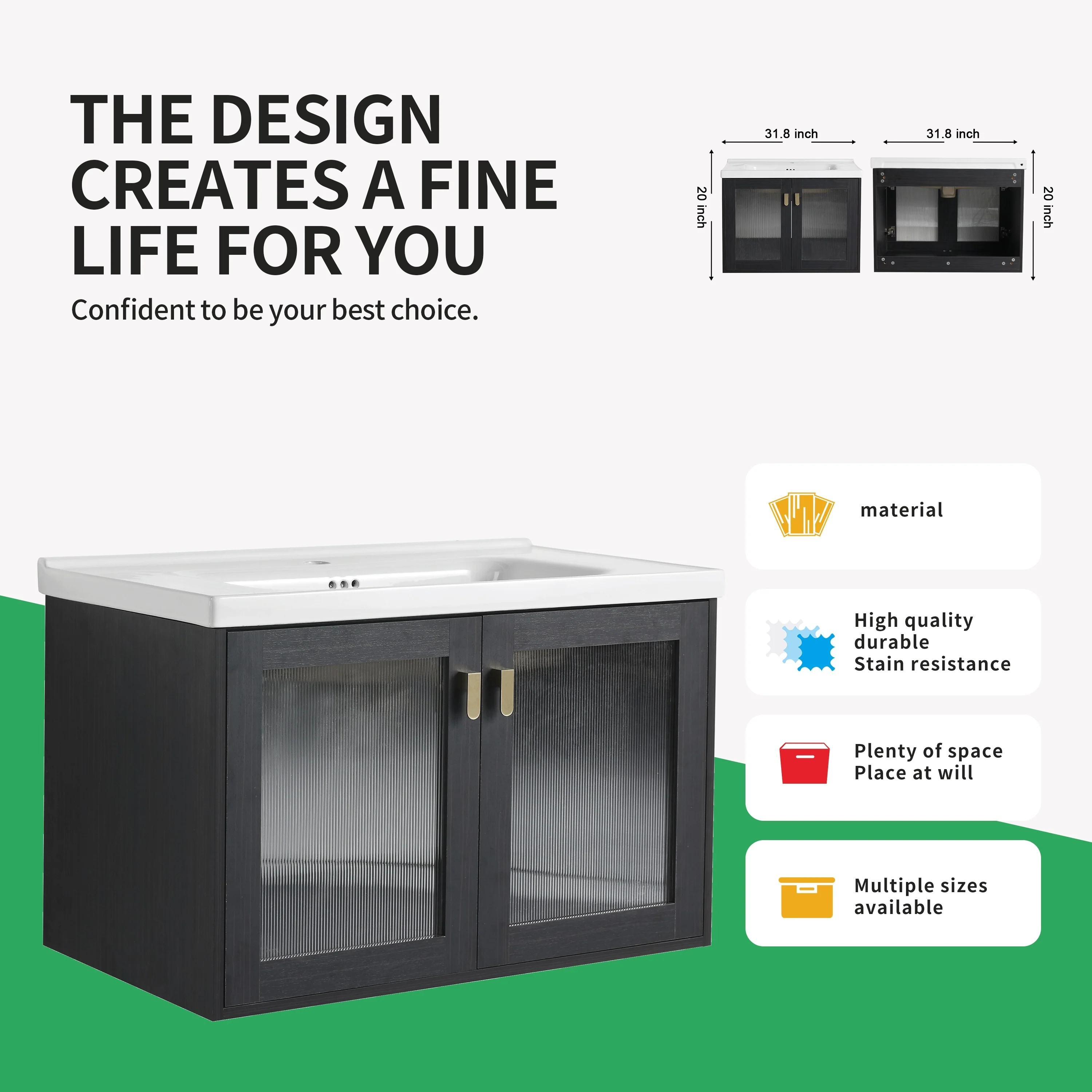 BNK 28/ 32/36/40 Inch Single Sink Bathroom Vanity with Soft Close Door, Modern Floating Vanity