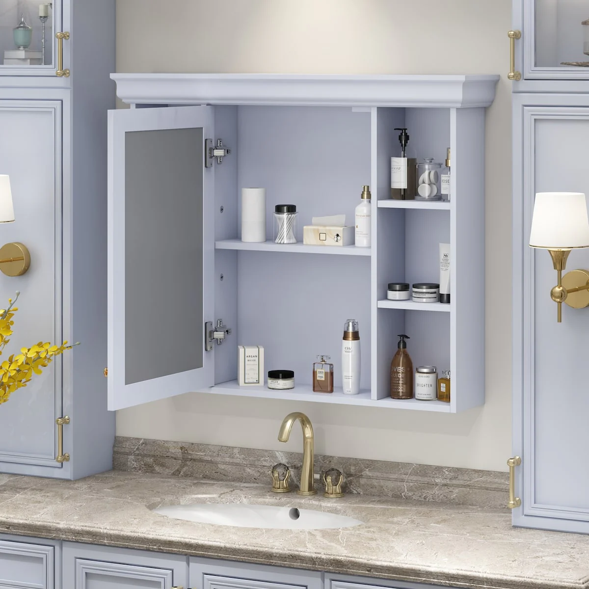 Modern Wall Mounted Bathroom Medicine Cabinet with Mirror Door & 6 Open Shelves