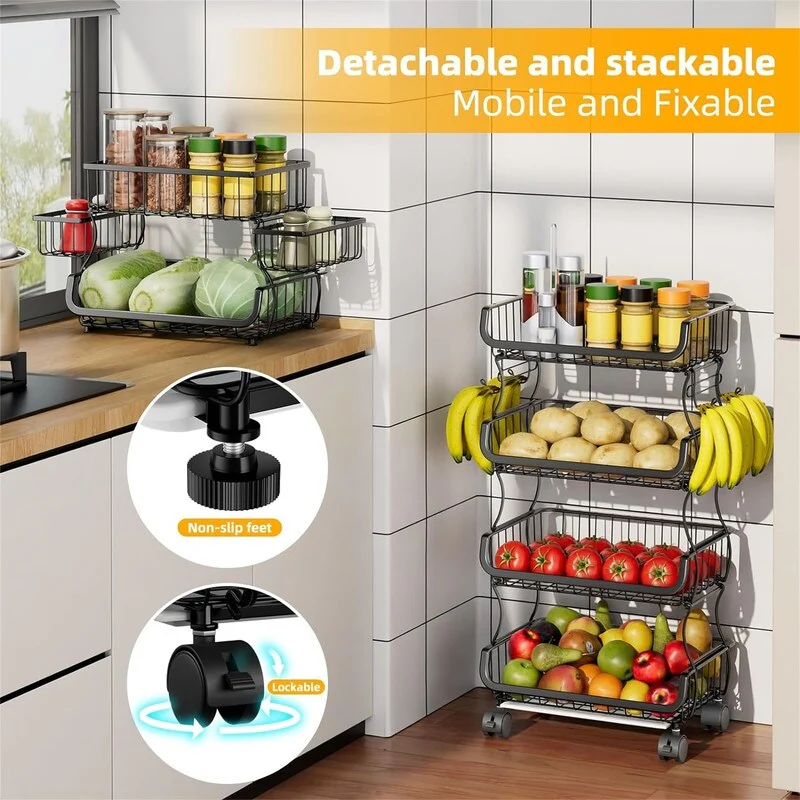 6 Tier Rolling Cart Stackable Fruit Vegetable Basket with Wheels and 2 Hanging Basket - 11.75