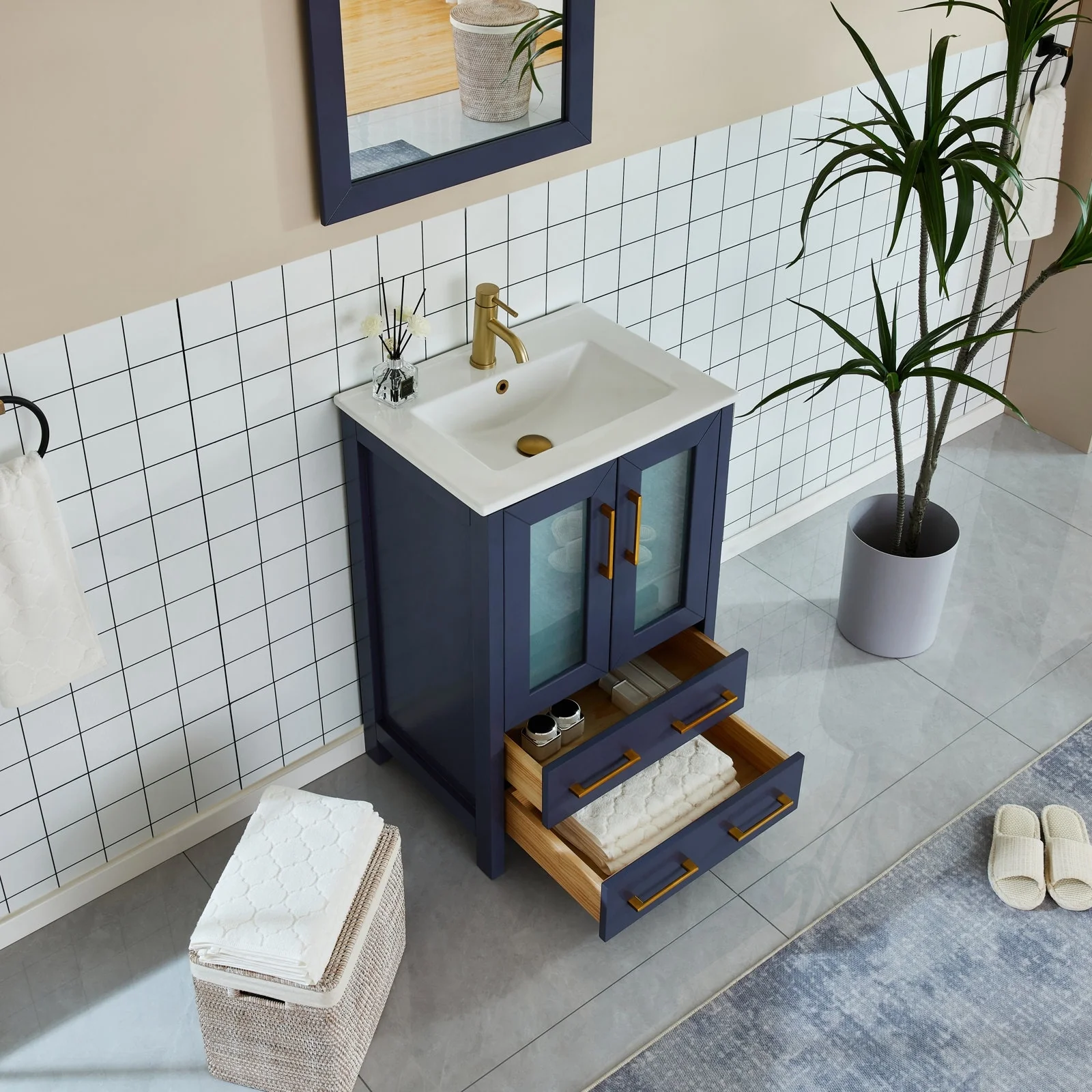 Vanity Art 24-Inch Single Sink Bathroom Vanity Set 2 Drawers, 1 Cabinet, 1 Shelf, Soft-Closing Doors with Free Mirror