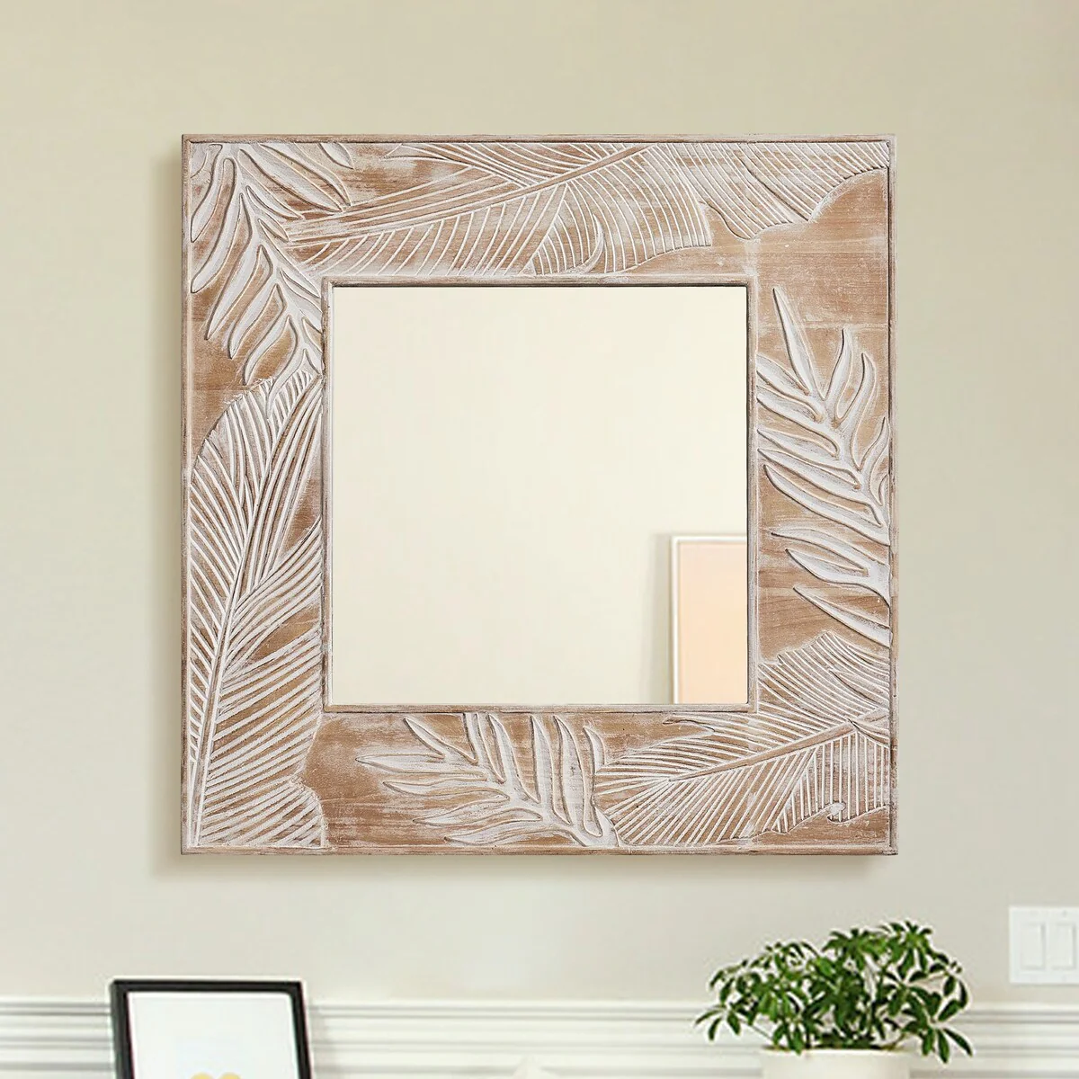 Rustic Wooden Framed Wall Mirror, Natural Wood Accent Mirror - 1.2 in. D x 32 in. L x 1.2 in. W x 32 in. H
