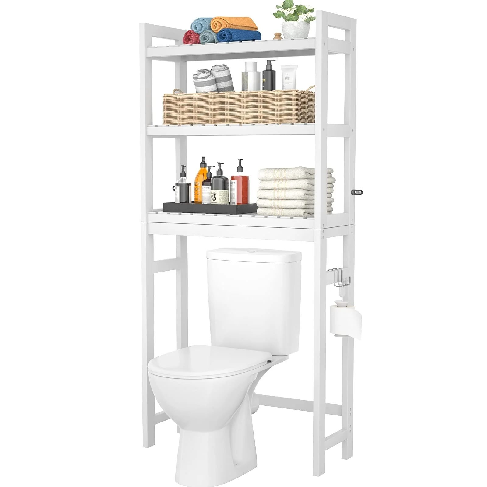Over The Toilet Storage Shelf, Bamboo 3-Tier Above Toilet Storage Rack with 3 Hooks