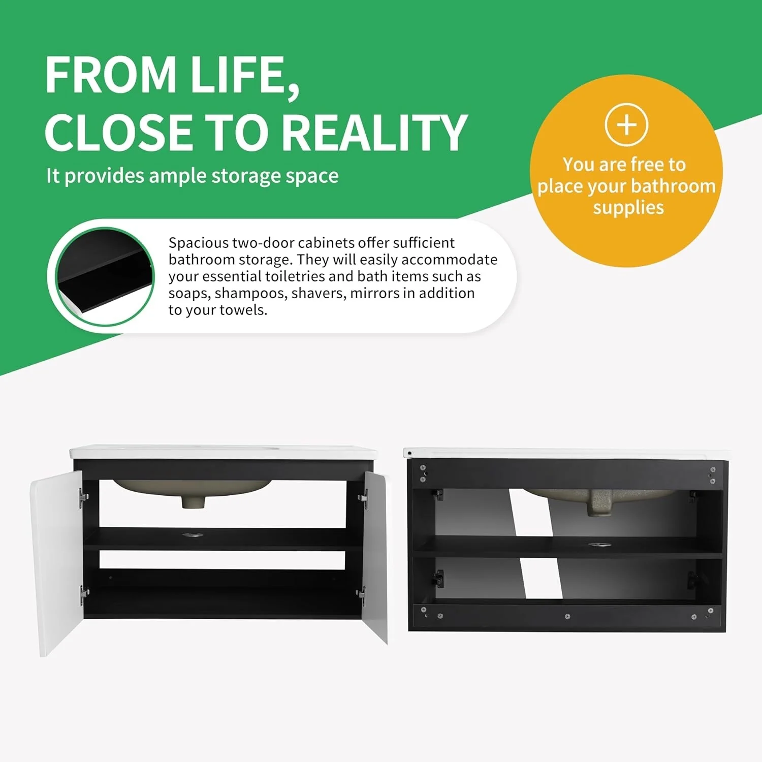 BNK 28/ 32/36/40 Inch Single Sink Bathroom Vanity with Soft Close Door, Modern Floating Vanity