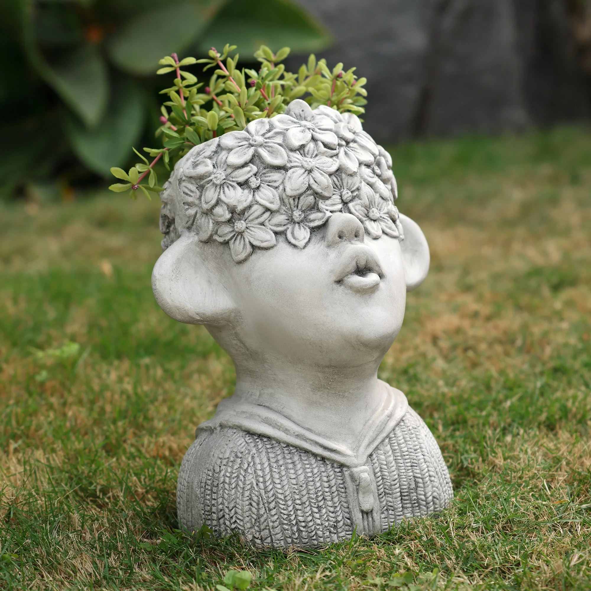 Grey MgO Kissing Flower Child Bust Head Planter