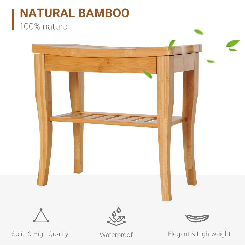 Long Bamboo Shower Bench Seat,Wooden Spa Shower Stool w/Storage Shelf