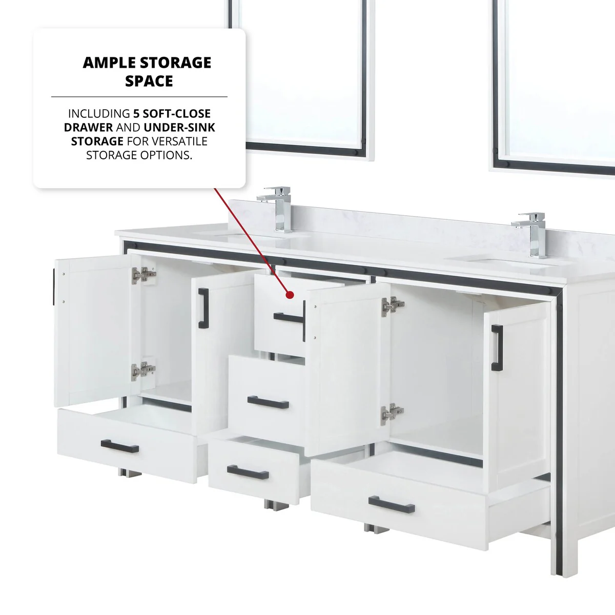 Ziva 80 in W x 22 in D White Double Bath Vanity, White Quartz Top, Faucet Set and 30 in Mirrors
